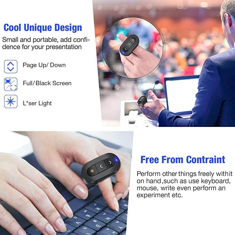 Presentation Clicker USB Rechargeable Powerpoint Clicker Finger Ring RF 24GHz Wireless Presenter Clicker for Powerpoint Presentations Presentation Remote for Mac Keynote Laptop etc