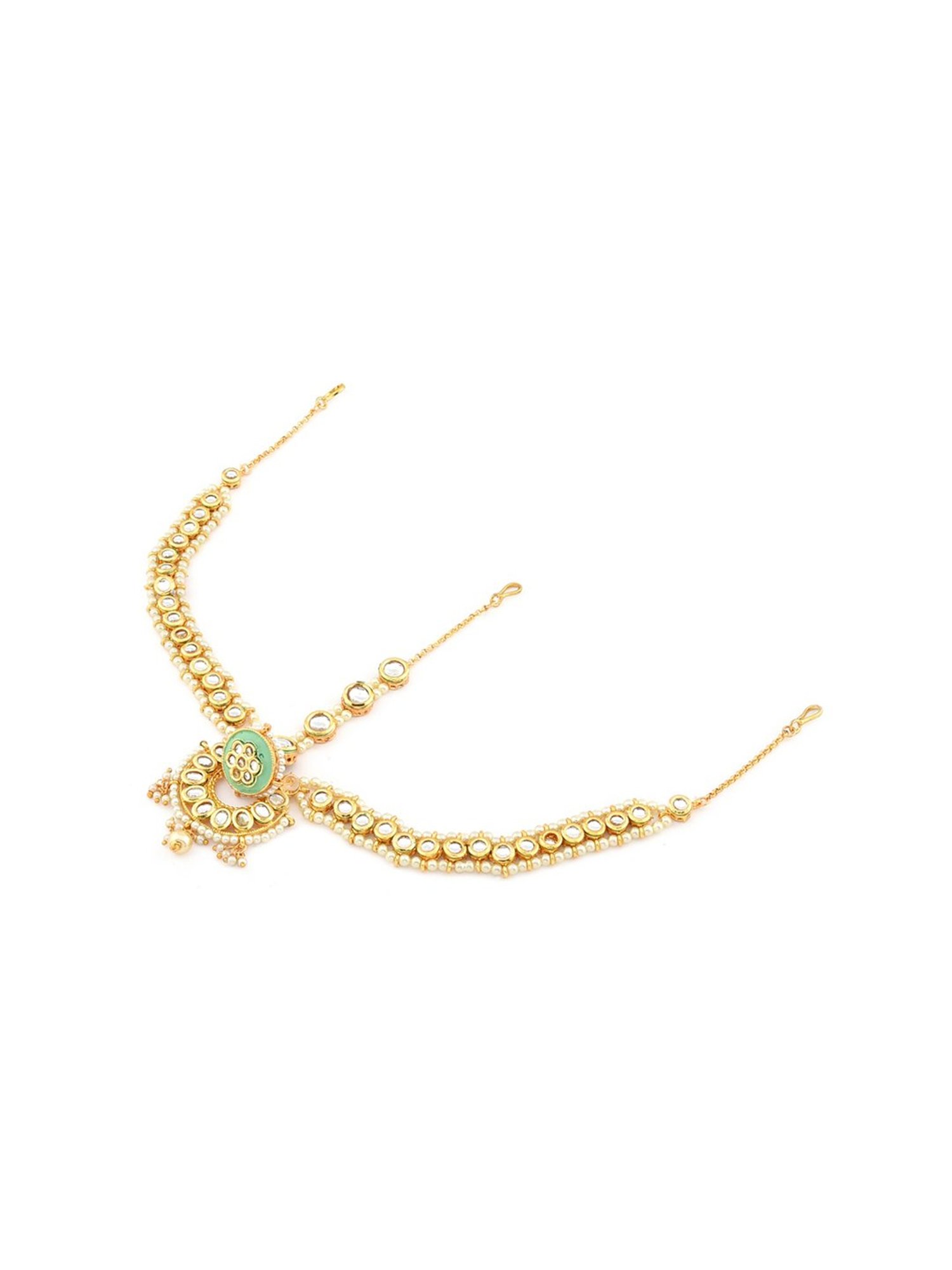 Zaveri Pearls Green Meenakari Kundan Bridal Borla MathaPatti Style Maangtikka-ZPFK13114