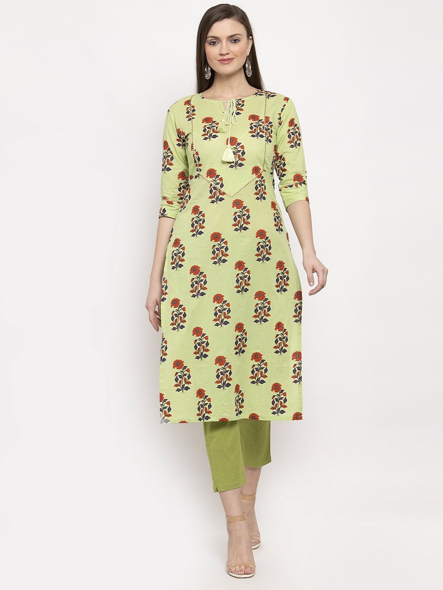 Indibelle Green Cotton Floral Print Straight Kurta
