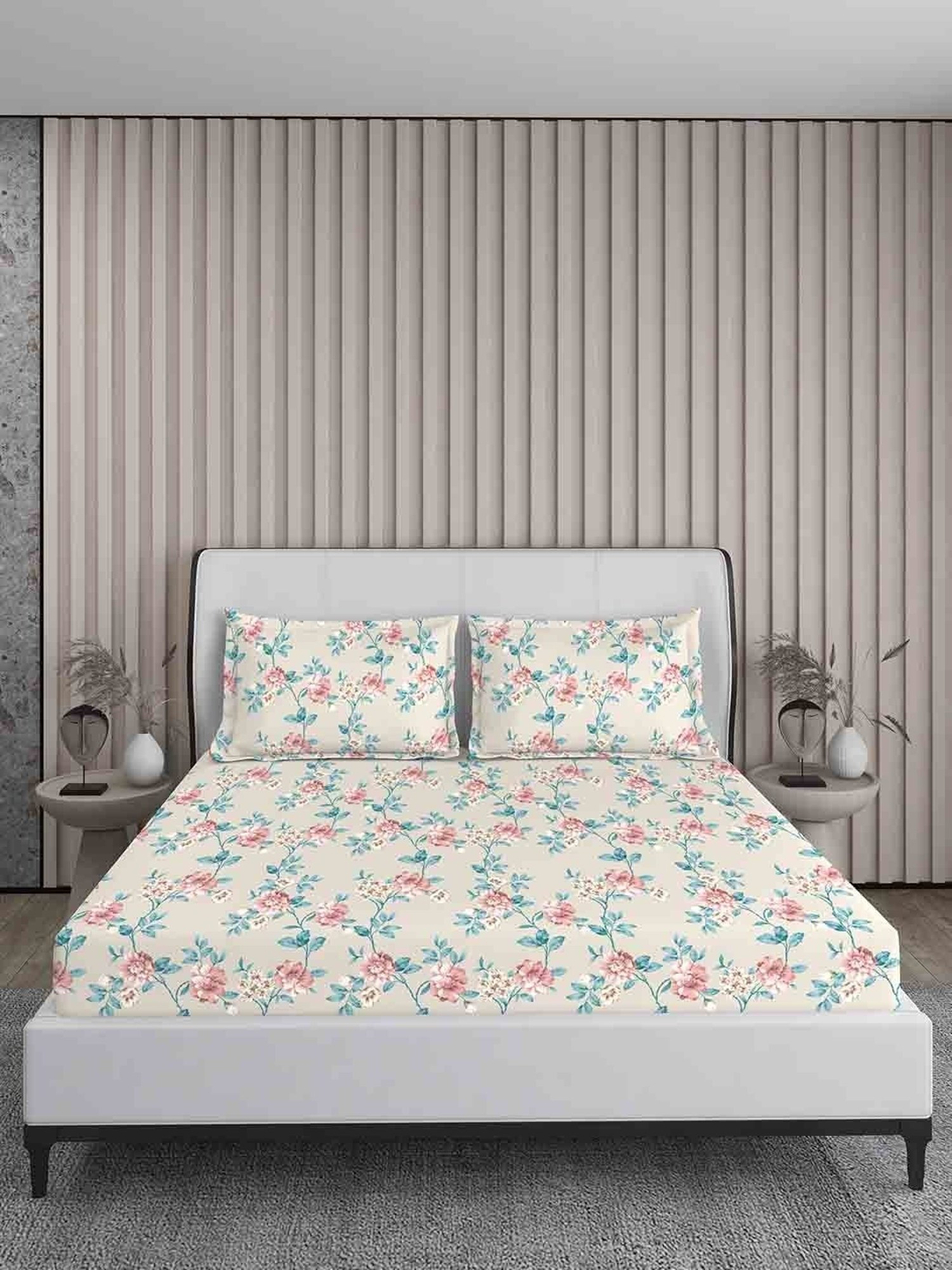 Boutique Living Magnifique  Floral Blue 200 TC Cotton King Bed Sheet with 2 Pillow Covers