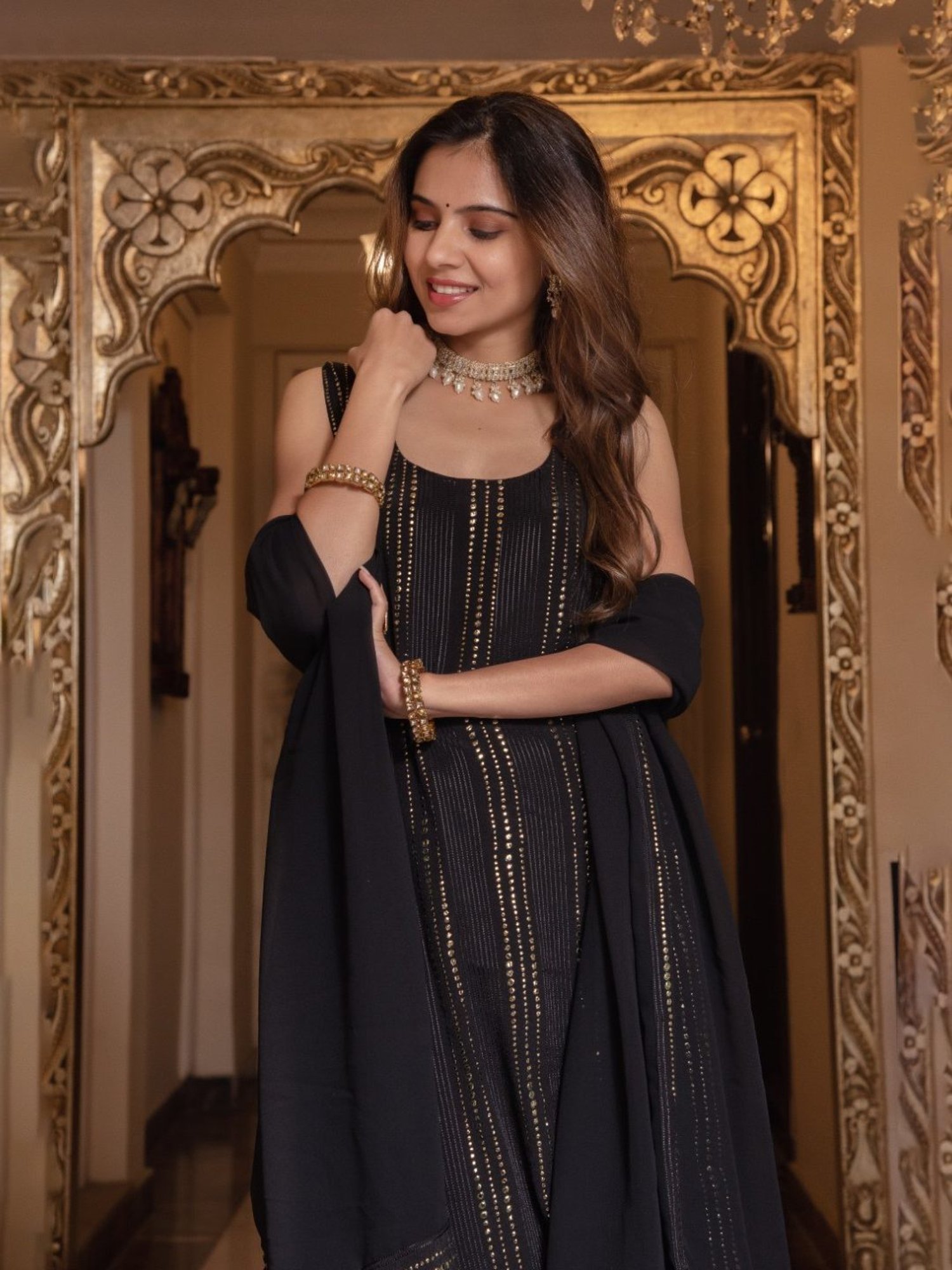 Calmna Black Golden Embroided Straight Kurta with Pant and Dupatta
