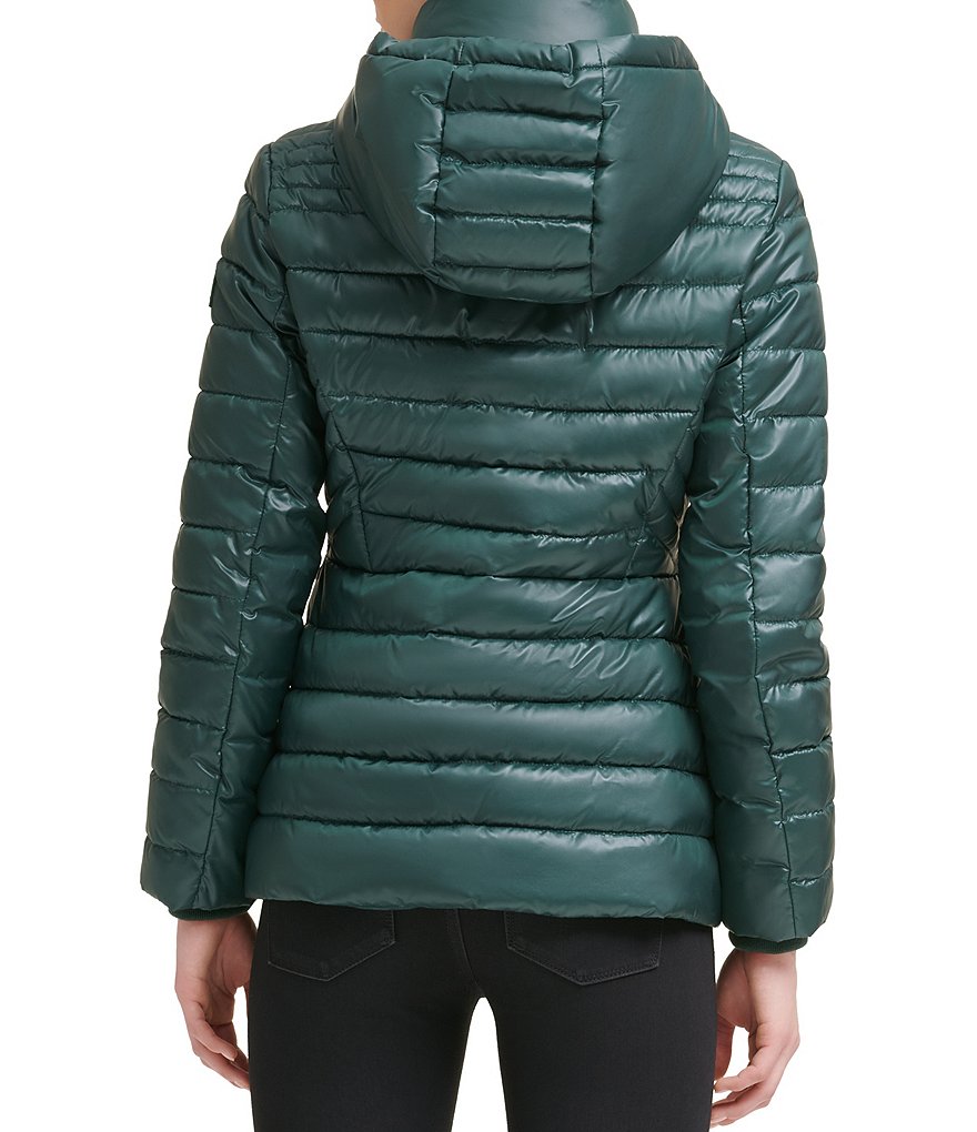 Kenneth Cole New York Short Water-Resistant Stand Collar Hooded Long Sleeve Chevron Puffer Jacket