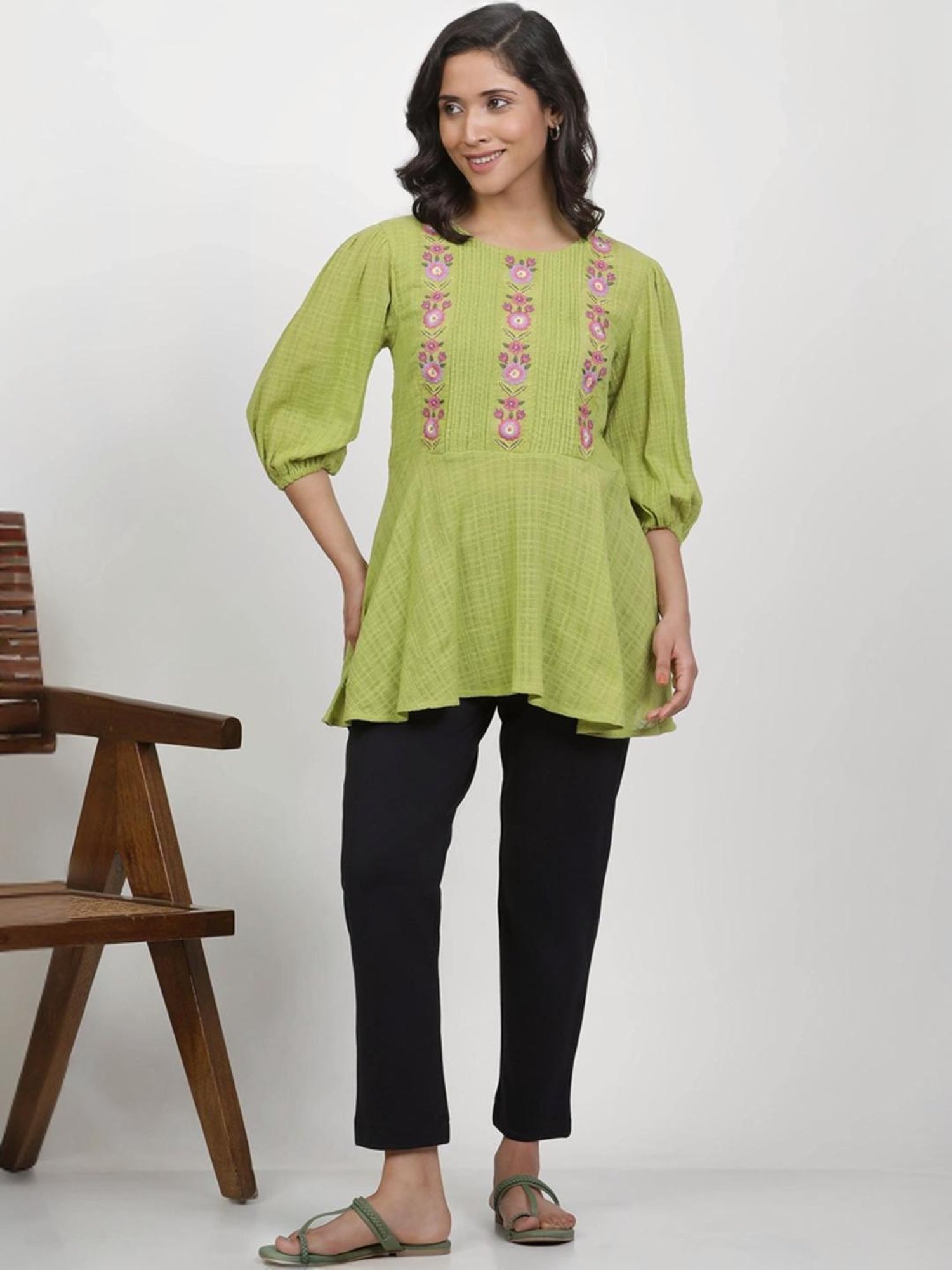 W Green Cotton Embroidered Top