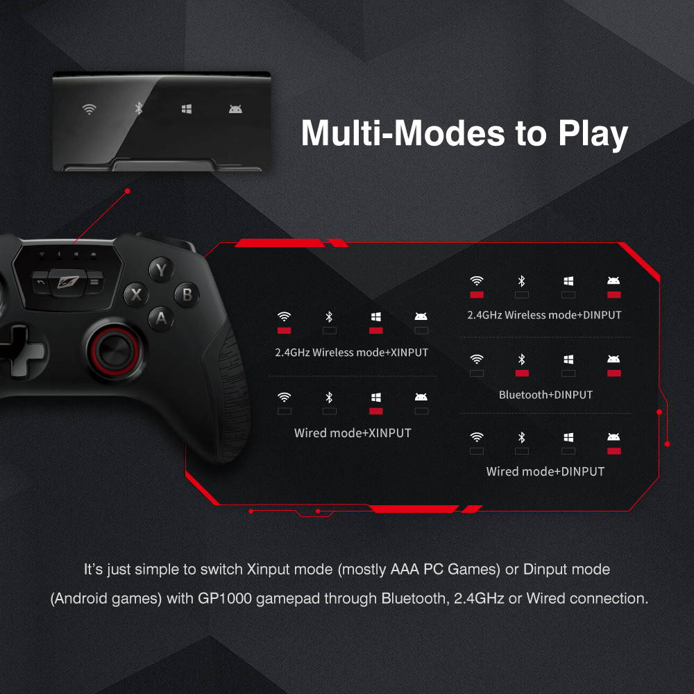 RT RockTek GP1000 3 Modes Wireless& Wired Gamepad Controller with Bluetooth/2.4GHz/Wired Support PC Steam Games/Phone Bracket/Vibration/PC Xinput/Android