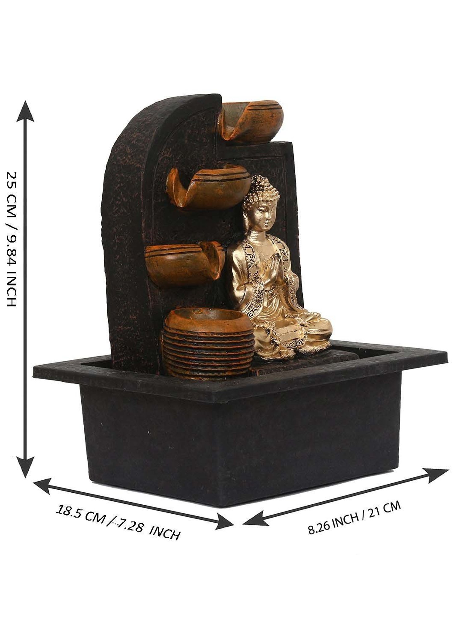 CHRONIKLE Brown & Golden Polyresin Namaskara Mudra Buddha 3 Steps Waterfall Fountain