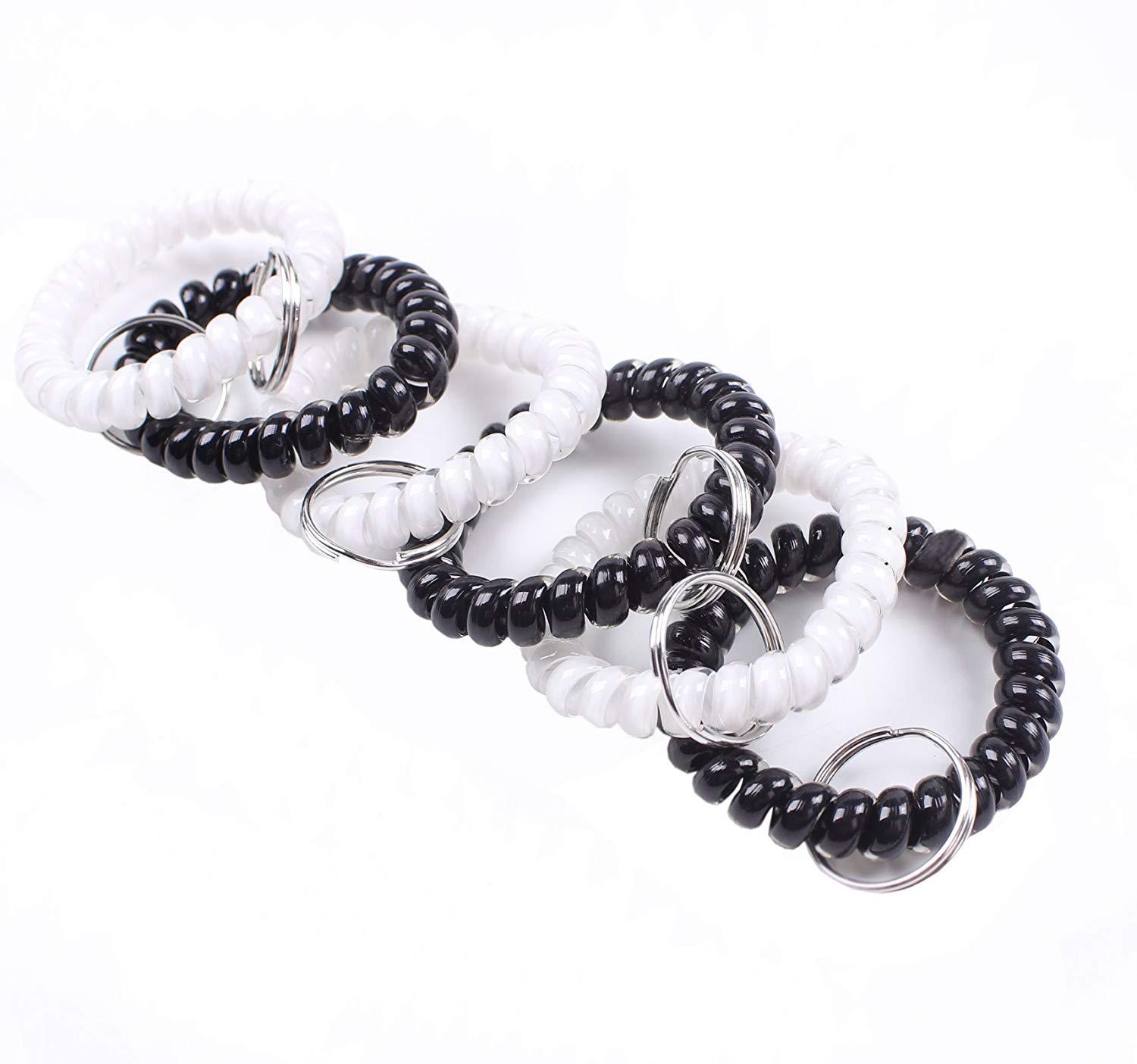 BIHRTC Pack of 30 Black White Plastic Stretchable Spring Coil Key Chain Key Ring Spiral Telephone Wire Cord Wristband for Office, Workshop, Shopping Mall, Sauna and Outdoor Activities Place