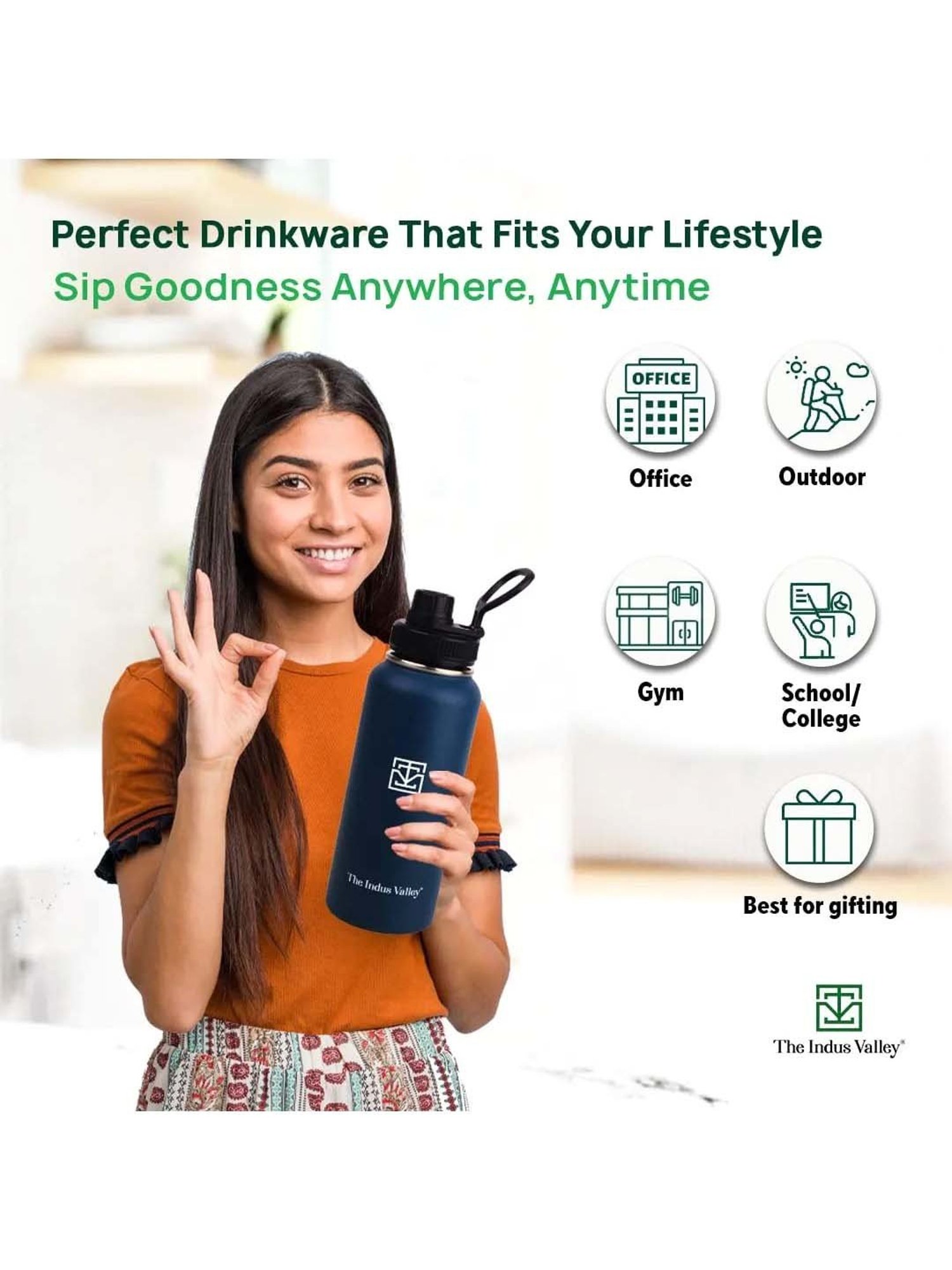 The Indus Valley Black Stainless Steel Vaccum Insulated Double-Walled Bottle Flask (1 L)