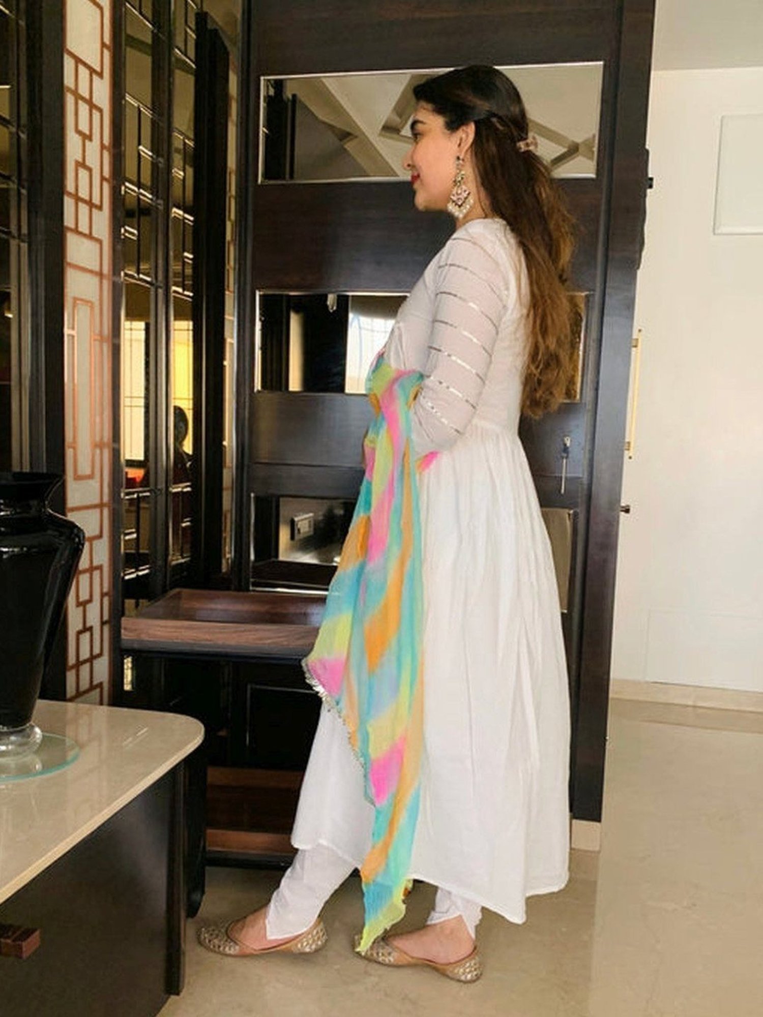 Thread and Button Ash White Kurta with Dhoti