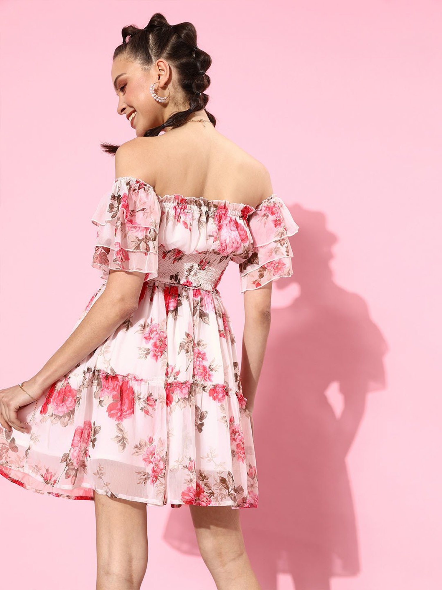 QUIERO White & Pink Floral Print Fit & Flare Dress