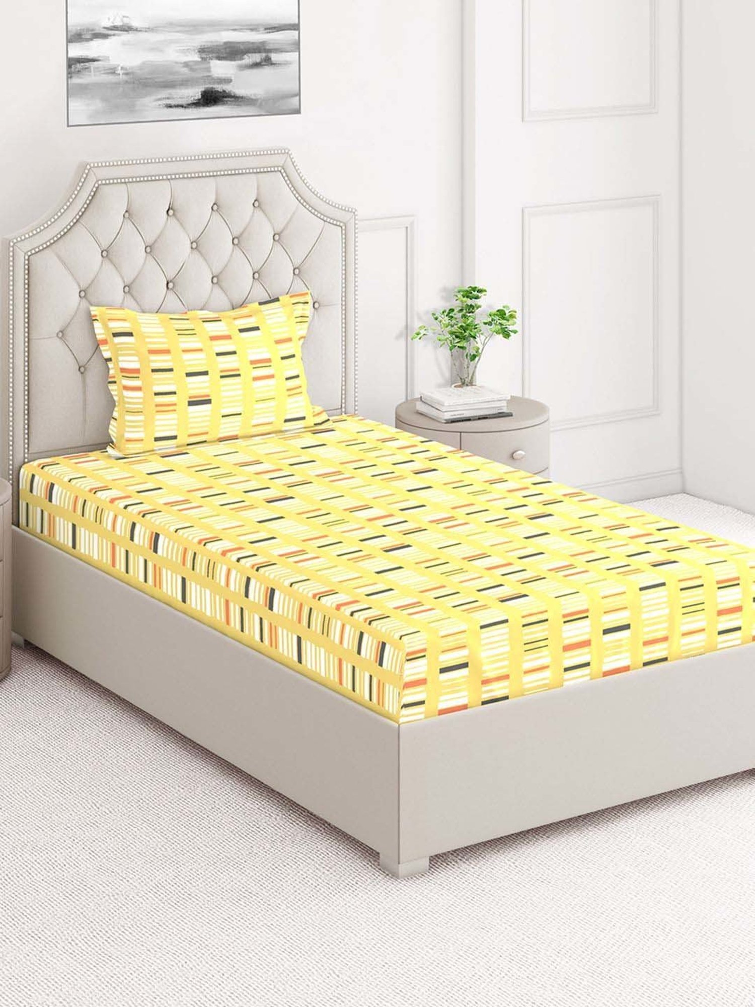 Layers Cotton Plus Yellow Cotton Blend 120 TC Single Size Bed Sheet with Pillow Cover