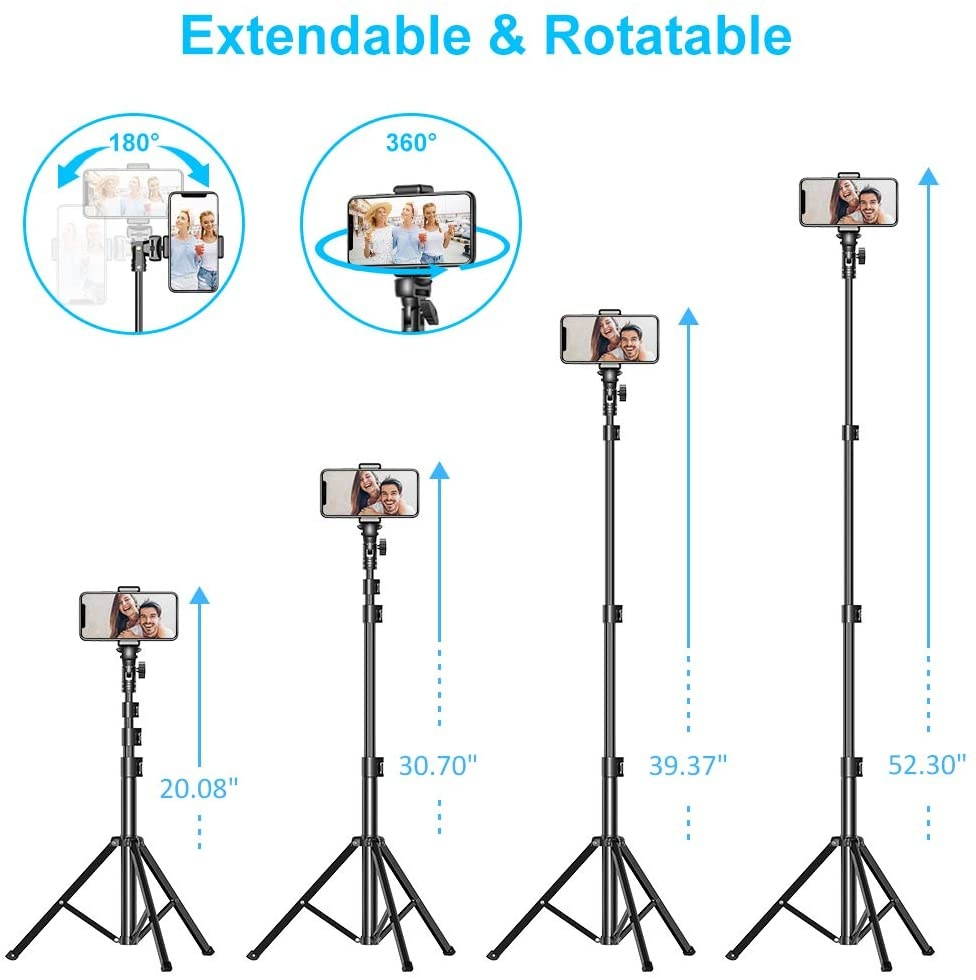 Phone Tripod, 51&ldquo; Extendable Selfie Stick Tripod Bluetooth, All-in-One Travel Tripod with Remote, Compatible with iPhone 11 Pro Max/11 Pro/11/XS/XS Max/XR/X/8, Galaxy S20/S10, Camera, Gopro