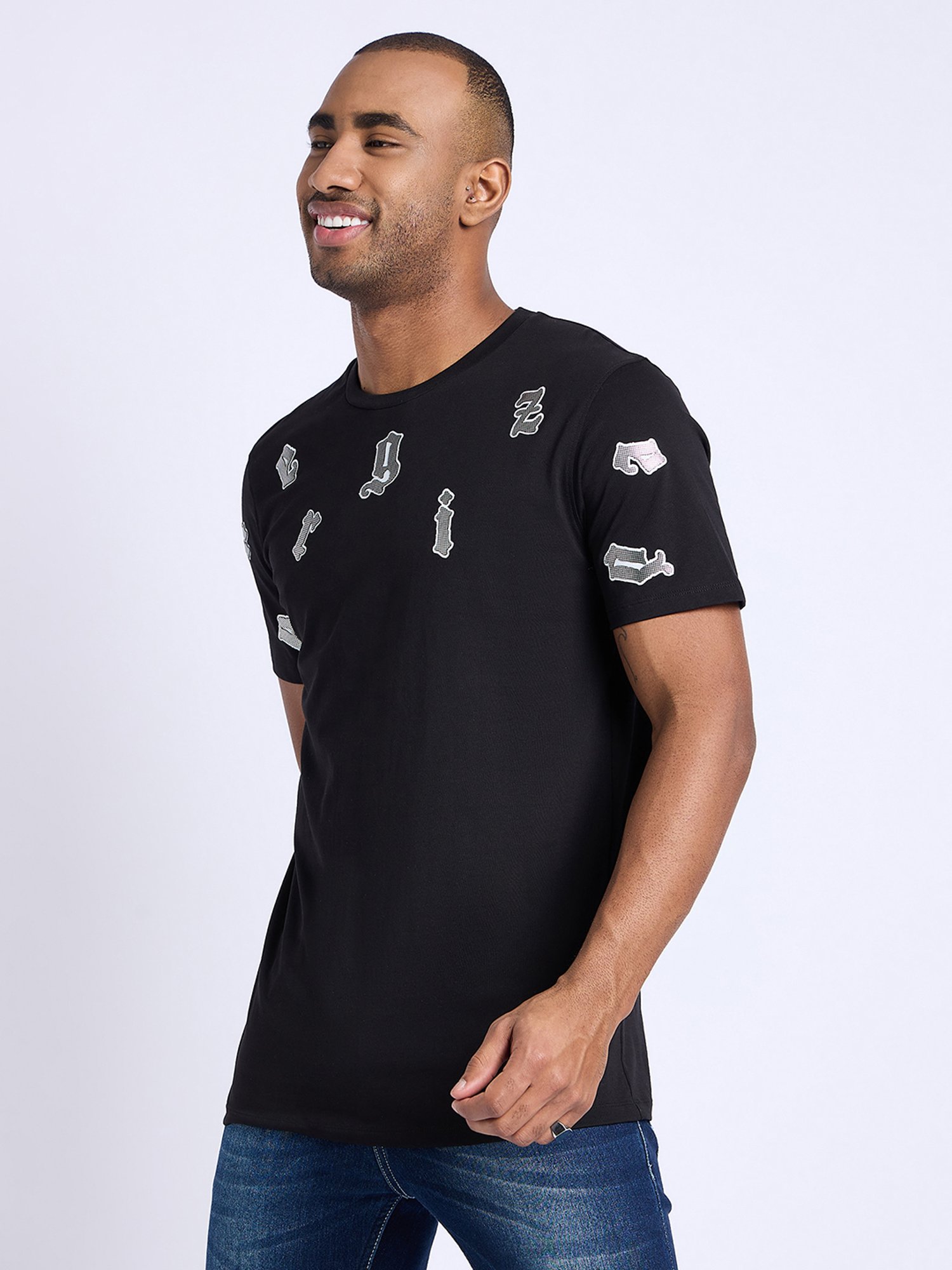 EDRIO Black Regular Fit Printed Crew T-Shirt