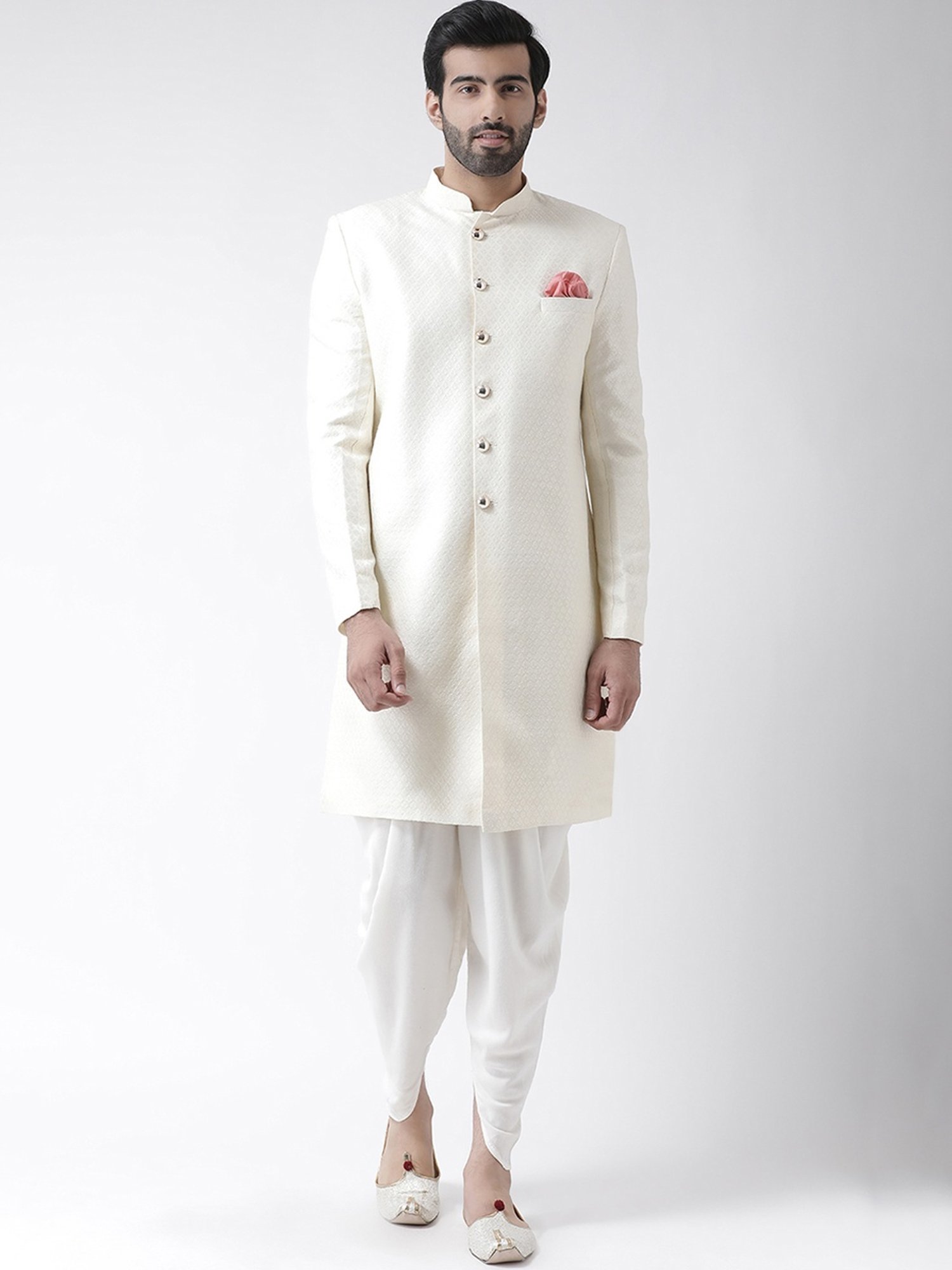 KISAH Off White Regular Fit Jacquard Sherwani Set