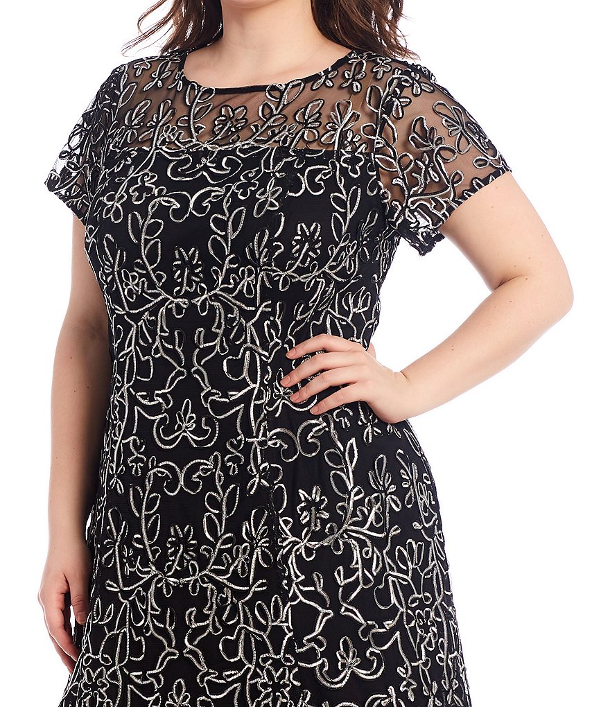 Ignite Evenings Plus Size Jewel Neck Short Sleeve Embroidered Soutache Lace Illusion Midi Dress