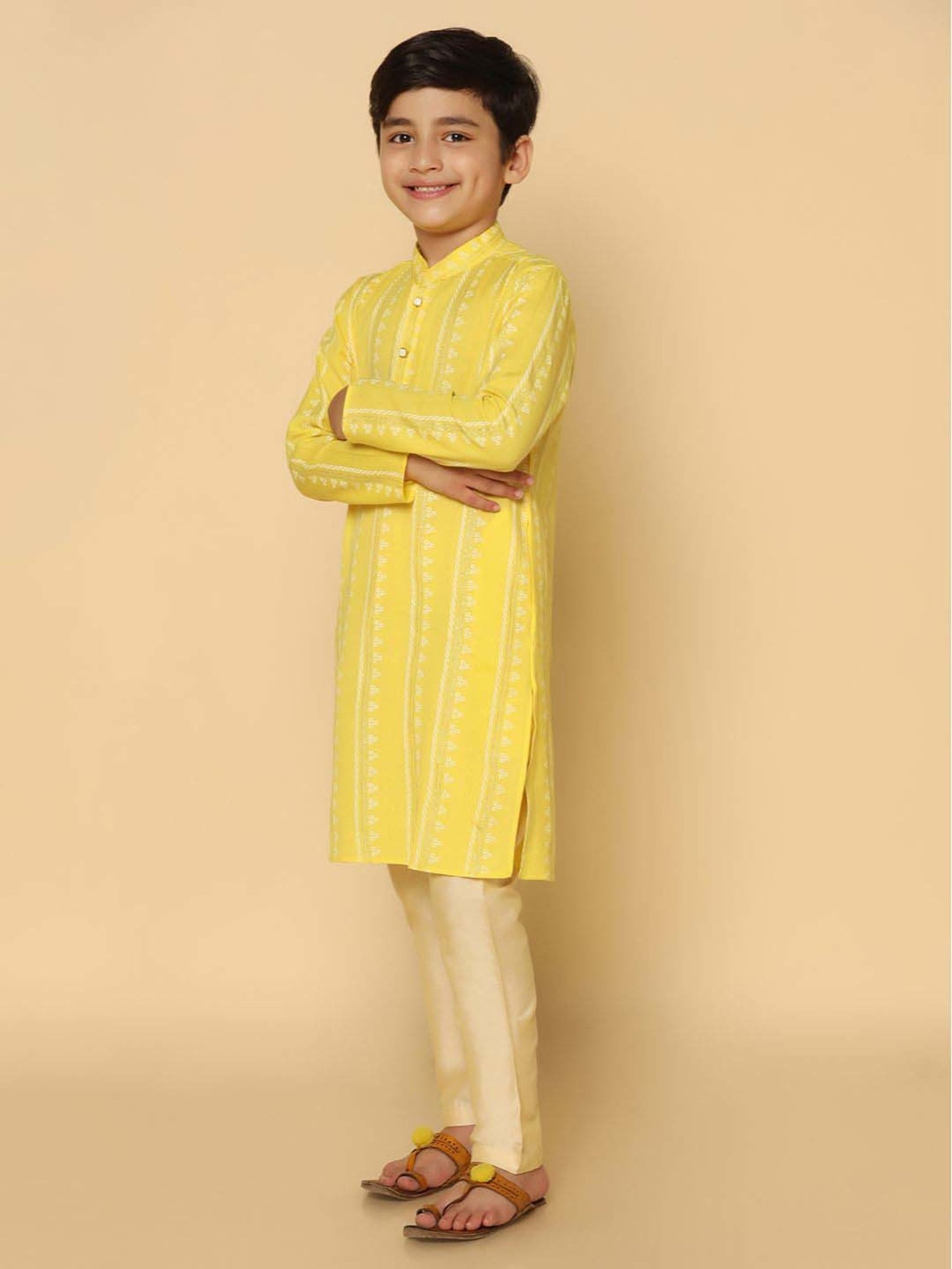 KISAH Kids Yellow & White Printed Full Sleeves Kurta Set