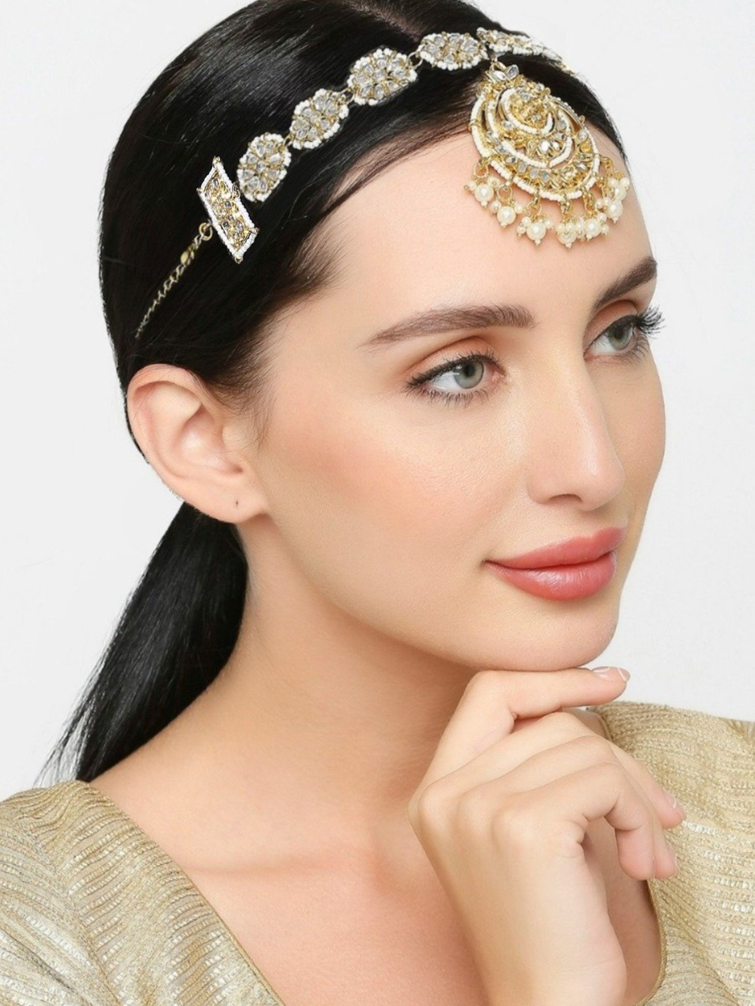 Oomph Gold Tone Kundan & Pearls Jadau Bridal Ethnic Matha Patti