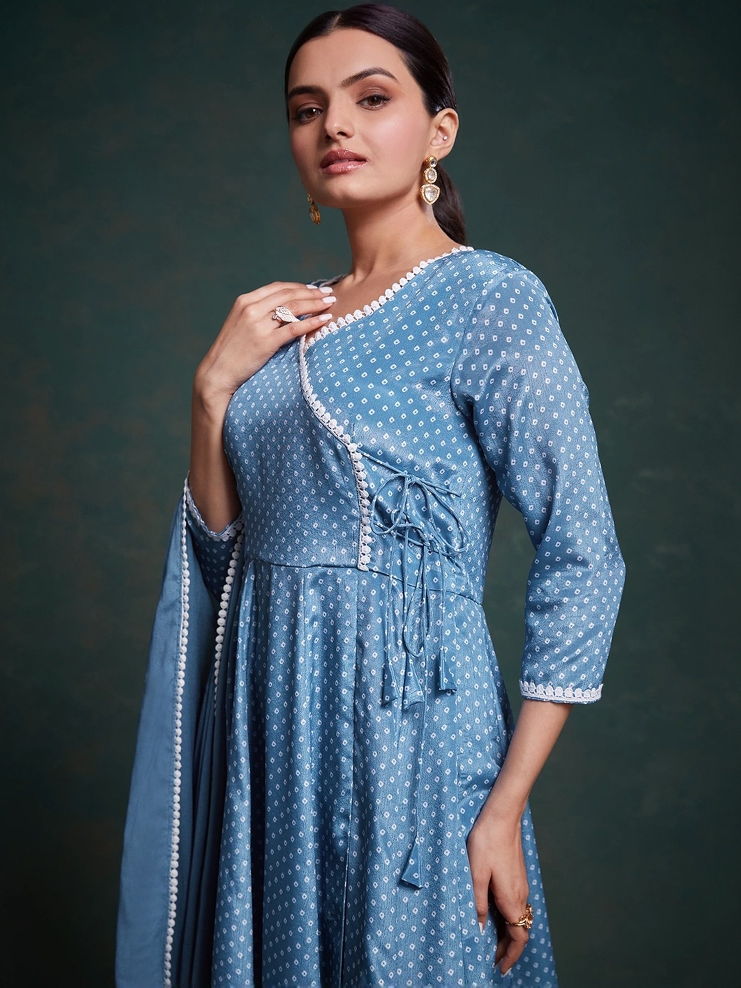 Odette Blue Printed Kurta Pant Set With Dupatta