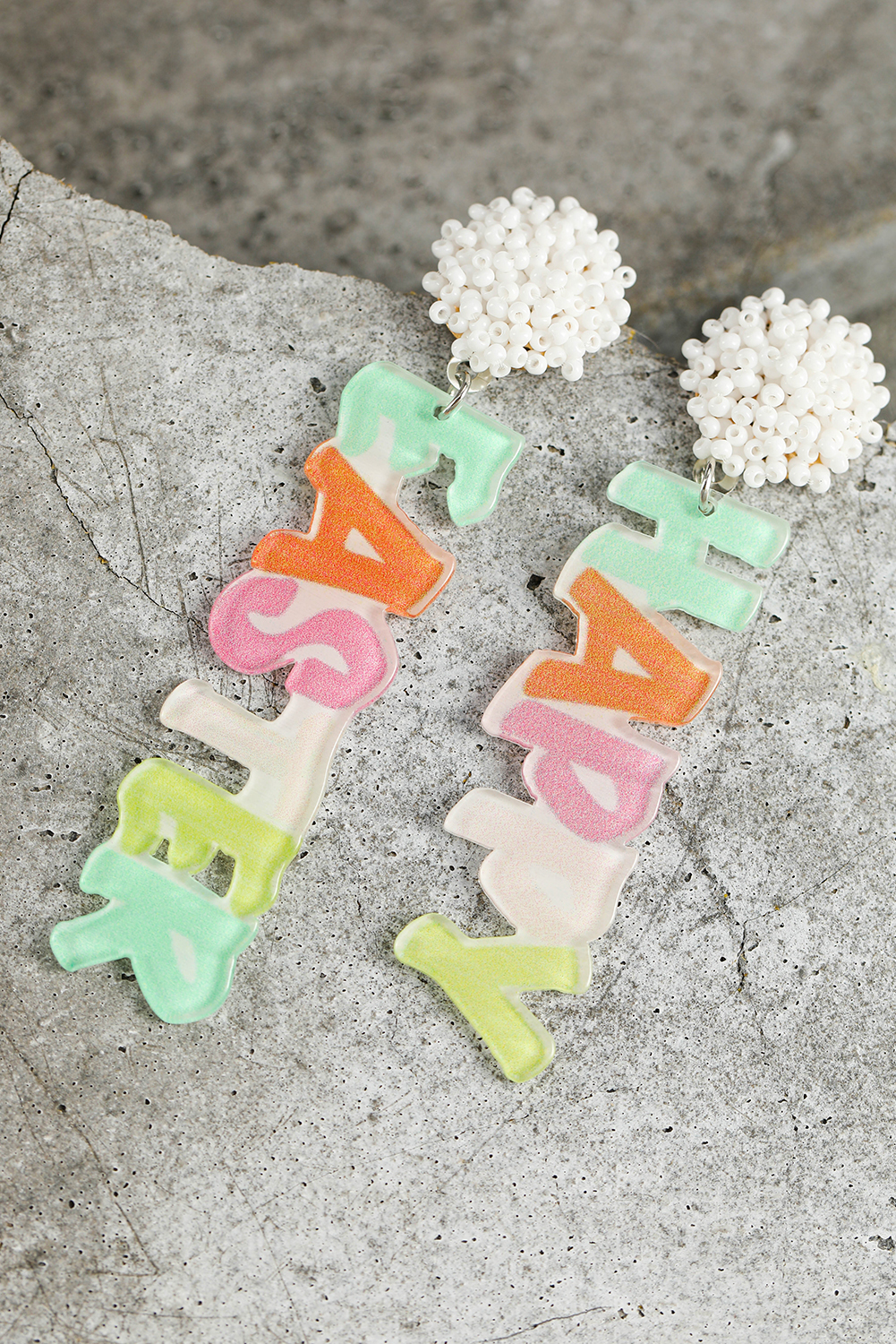 Pink HAPPY EASTER Shape Seed Beaded Detail Drop Earrings