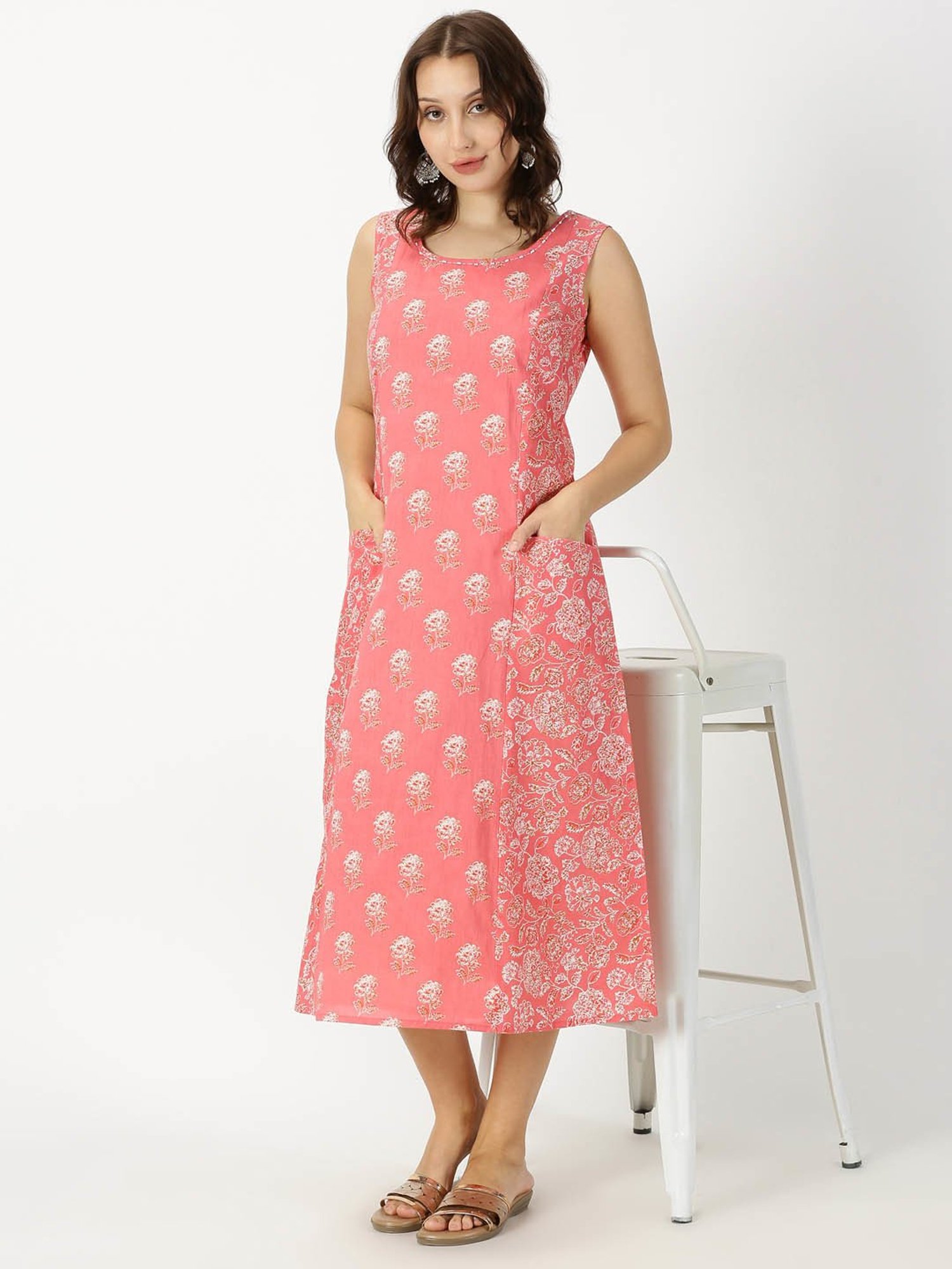 Saffron Threads Coral Cotton Floral Print Ethnic Dress