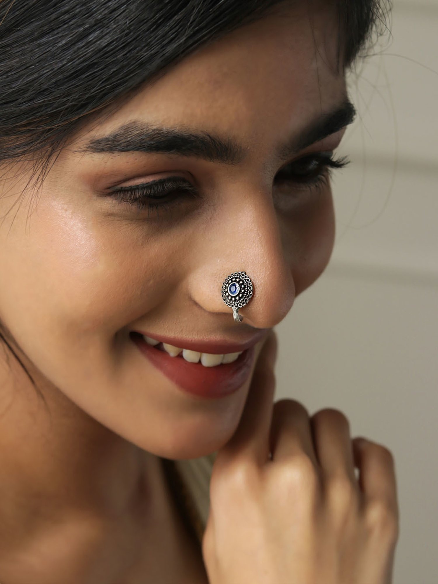 Fida Stones Silver-Plated Oxidised Floral Tribal Nosepins for Women - Set of 6