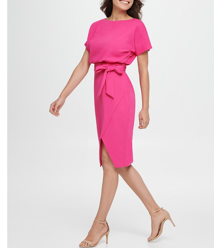 Kensie Textured Knit Boat Neck Tie Waist Short Sleeve Blouson Dress