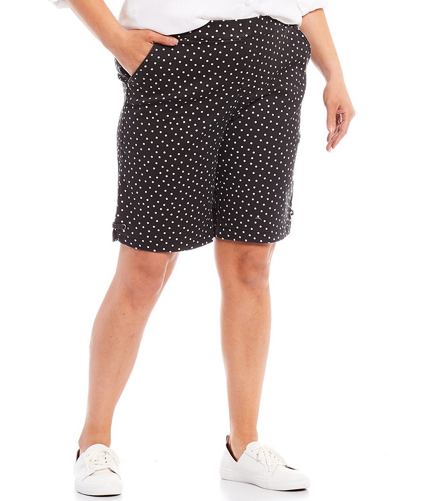 Intro Plus Size Rose Tummy Control Dappled Dot Print Grommet Tab Hem Detail Bermuda Shorts