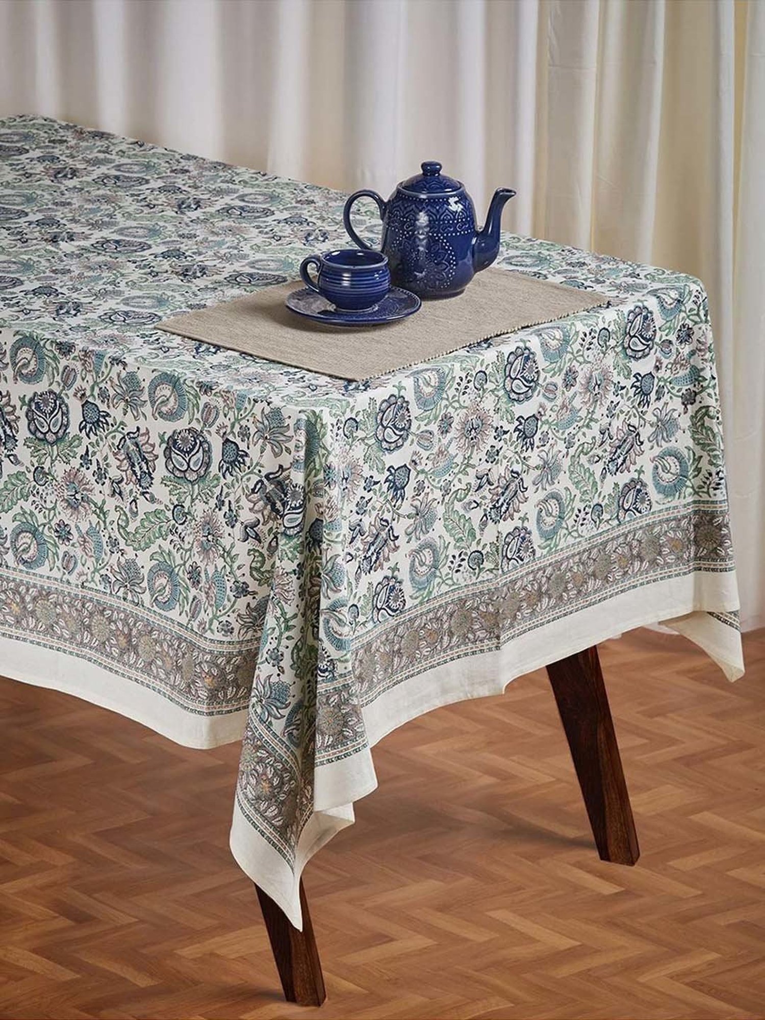 Fabindia Home Coromndel Blue Cotton 163 GSM 8 Seater Table Cover