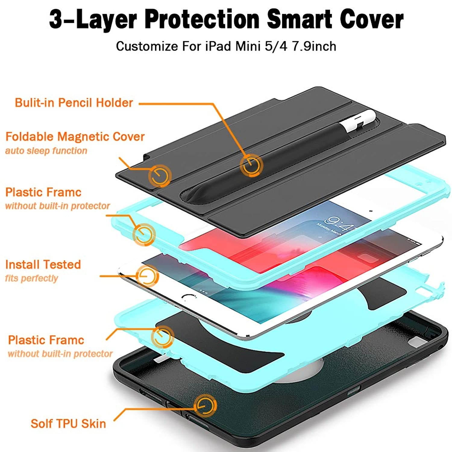 DUNNO iPad Mini 5th gen Case - Full-Body Three Layer Shockproof Folio Protective Case Whit Auto Sleep/Wake Up Stand & Pencil Holder for iPad Mini 5 / iPad Mini 4 (Black/Light Blue)