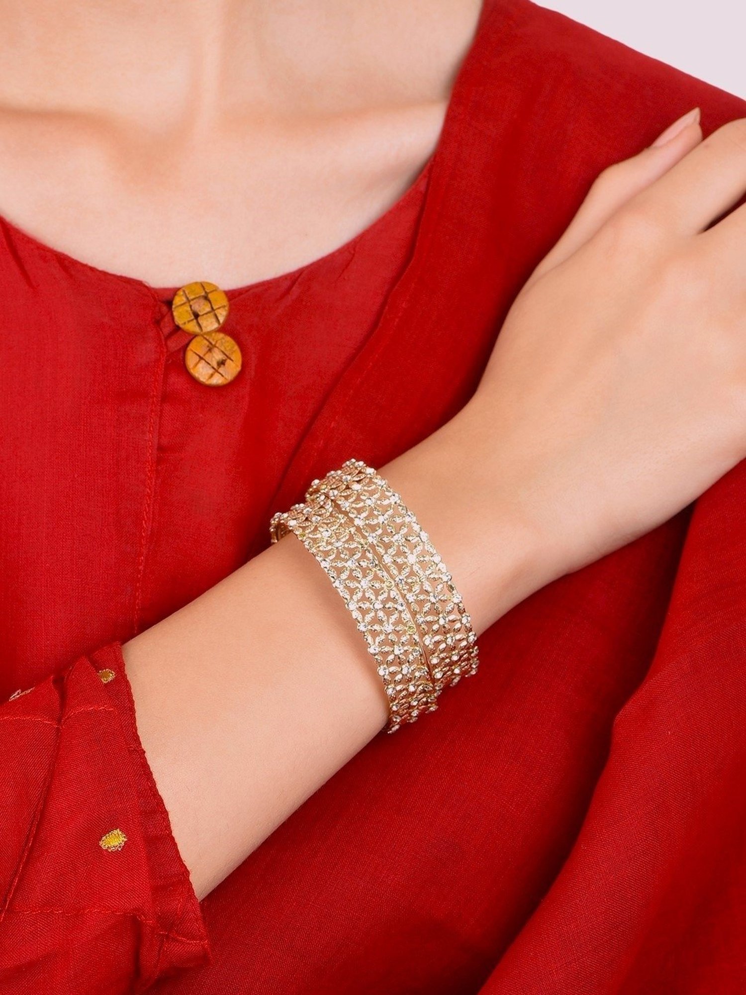 ToniQ Classy Gold-Plated Floral Cz Stone Studded Ethnic Bangle - Set of 2