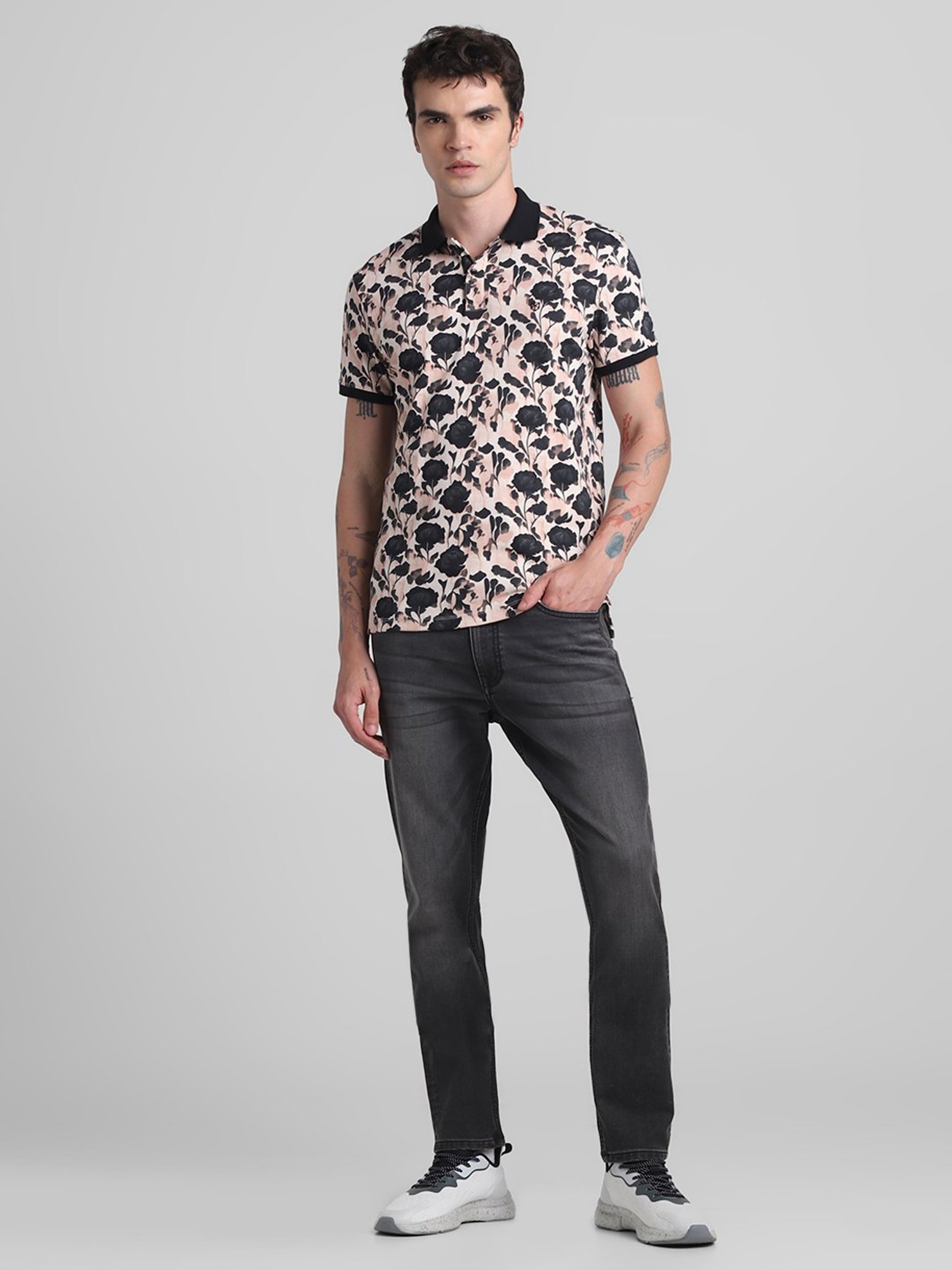Jack & Jones Off White Slim Fit Printed Cotton Polo T-Shirt