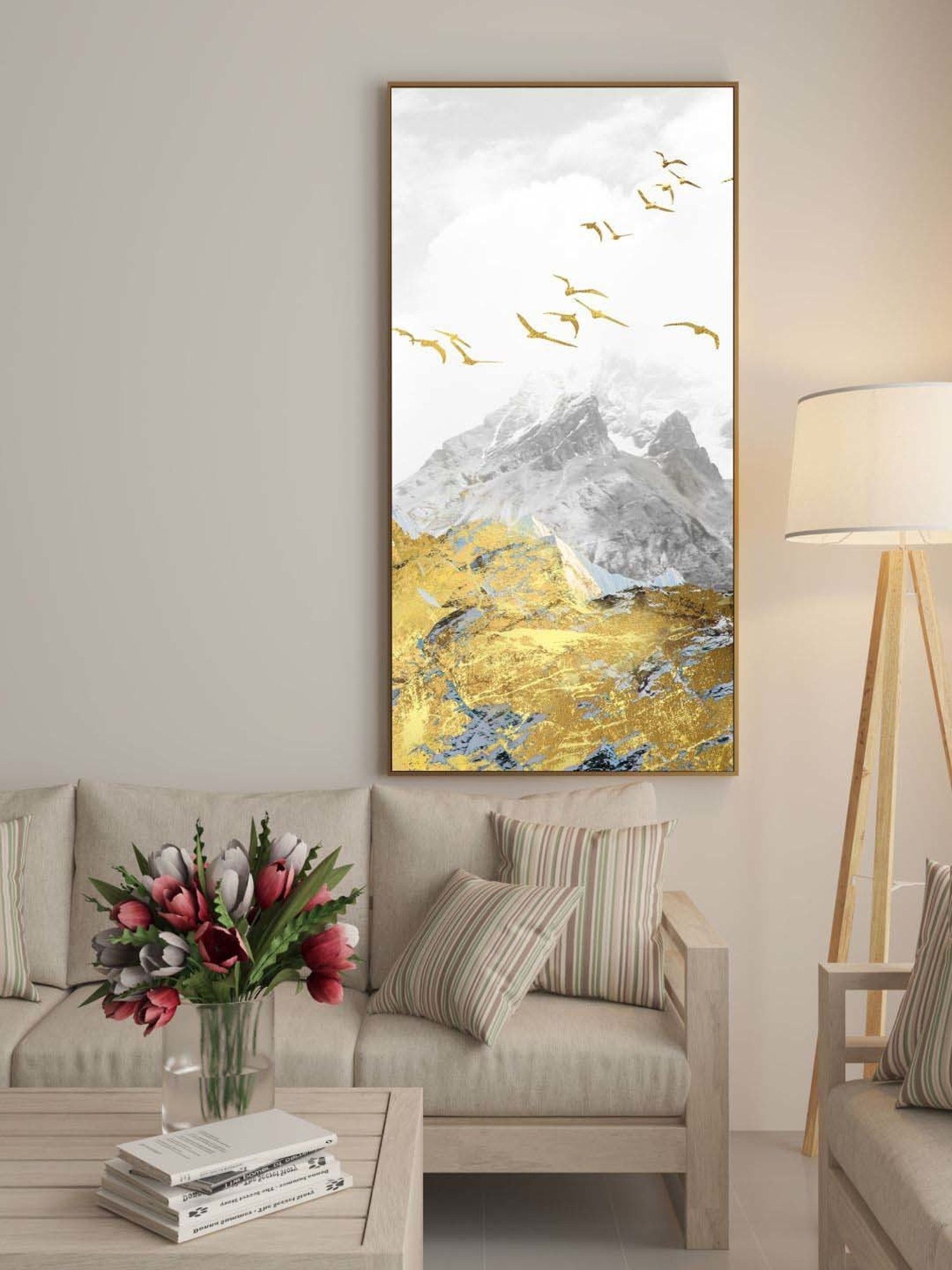 Art Street Gold & Grey Mountain Birds Large Panel Wall Art Print