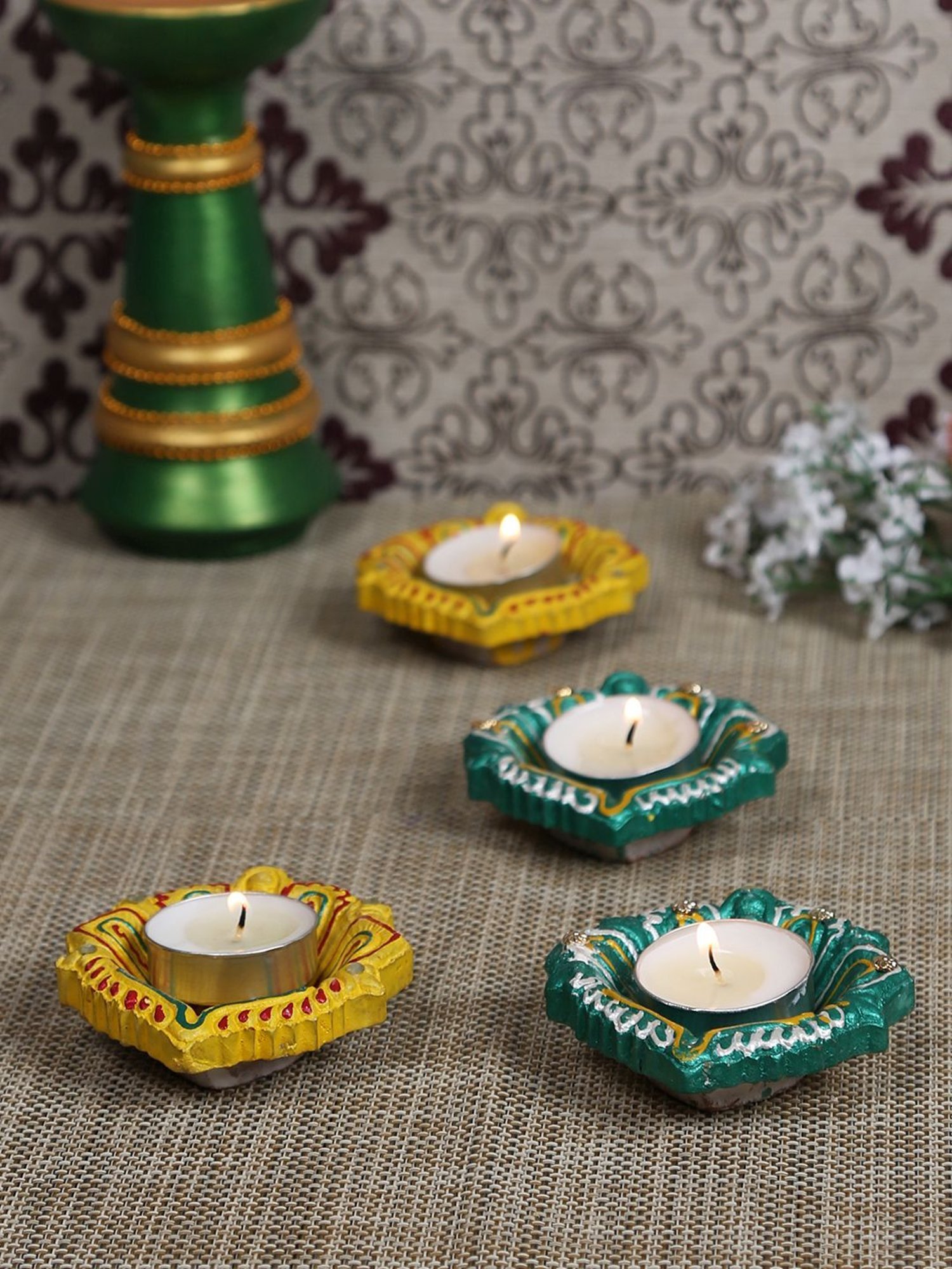 Aapno Rajasthan Green & Yellow Terracotta Decorated Handcrafted Diya - Set of 4