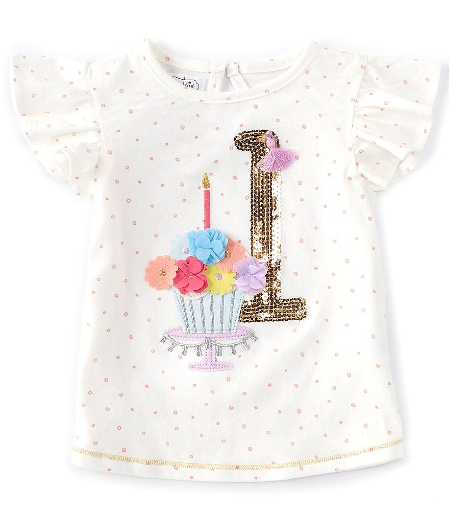 Mud Pie Baby Girls 12-18 Months Flutter-Sleeve First Birthday Dotted Tee