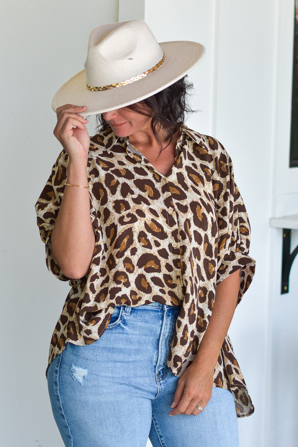 Rose Leopard Print V Neck Plus Size Tee
