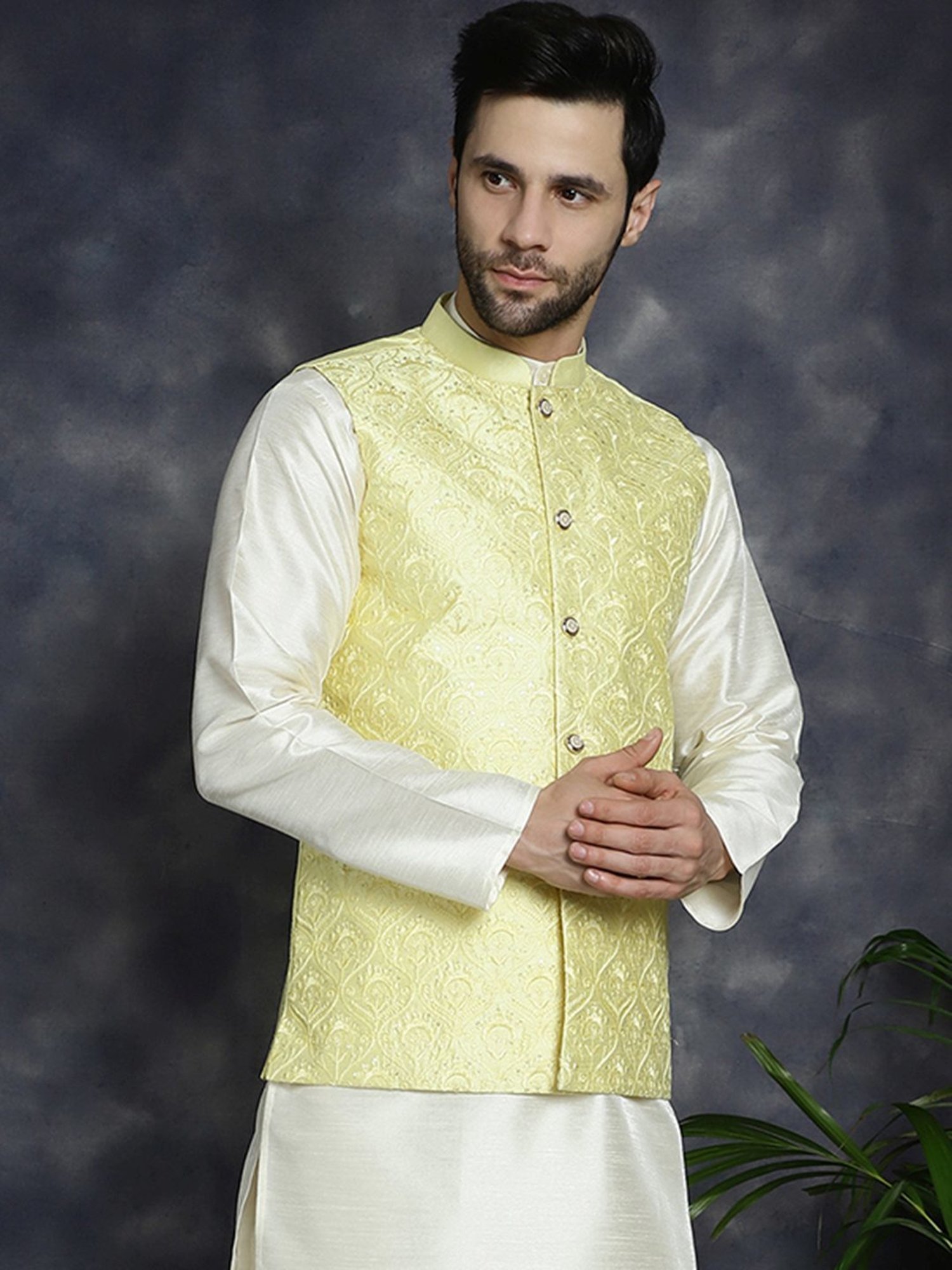 Jompers Yellow Regular Fit Embellished Nehru Jacket