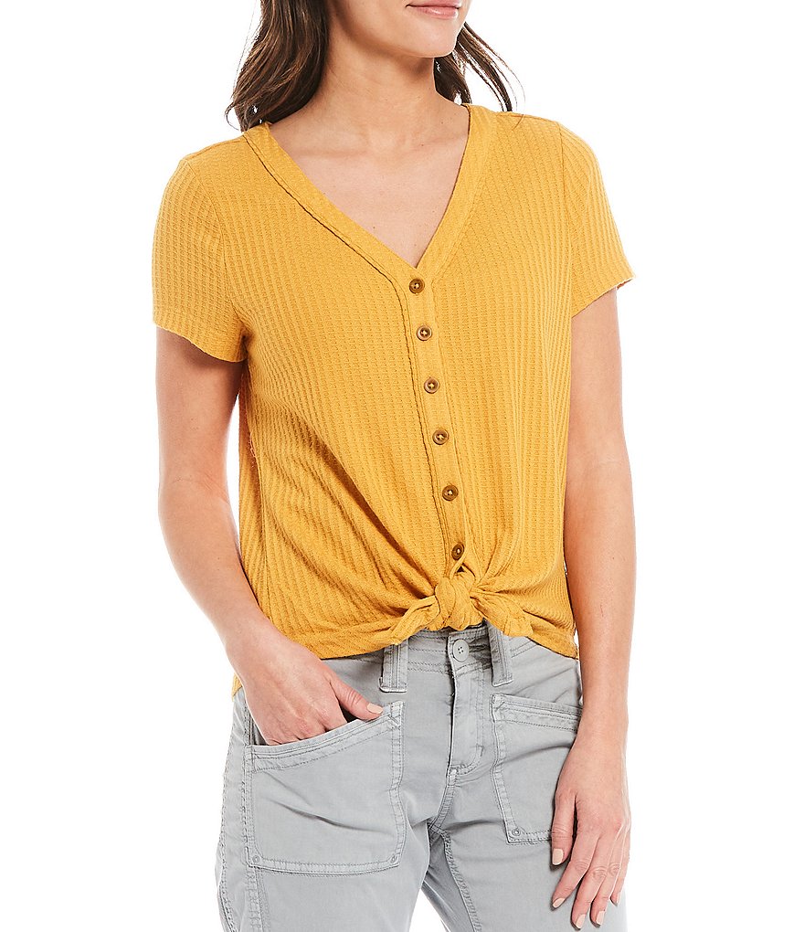 Aventura Ayla V-Neck Short Sleeve Waffle Knit Button-Tie Front Tee