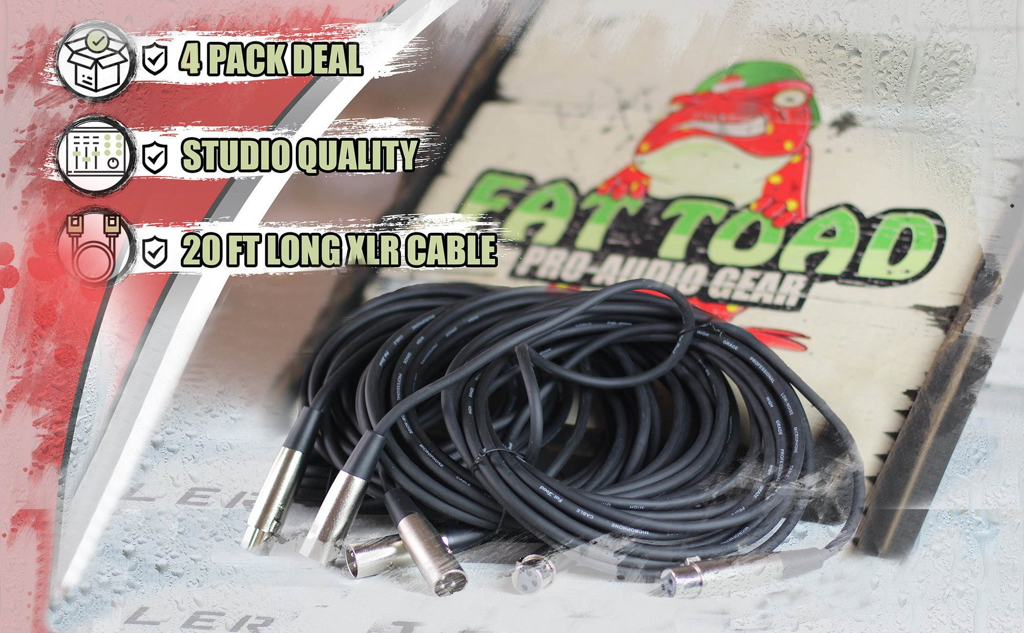 Microphone Cables by FAT TOAD | (4 Pack) 20ft Pro Audio XLR Mic Cord Patch Extension with Female & Male Connector | 20 AWG Shielded Wire & Balanced for Recording Studio Mixer | Live Sound Stage Gear