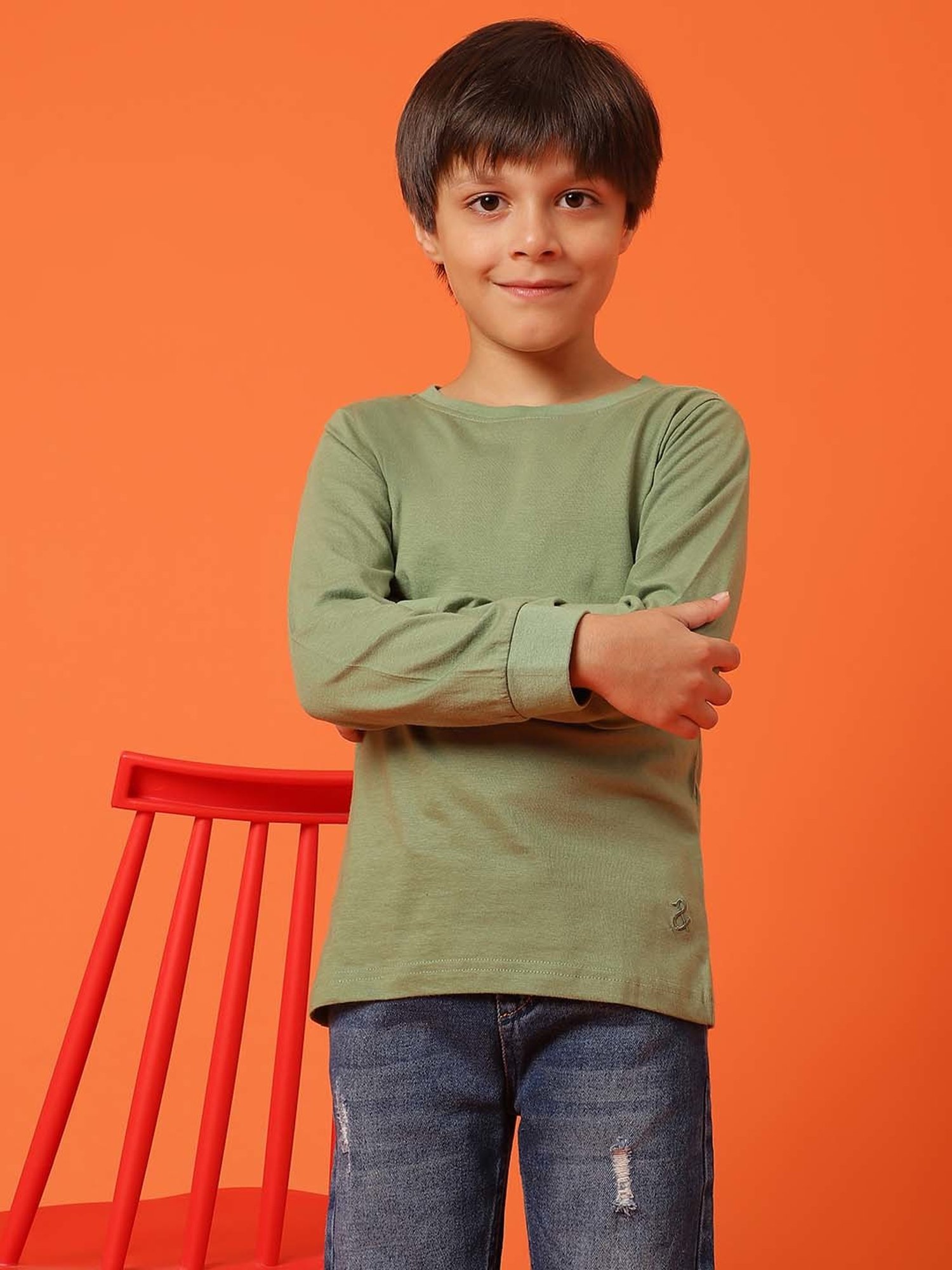 Tales & Stories Kids Olive Cotton Regular Fit Full Sleeves T-Shirt