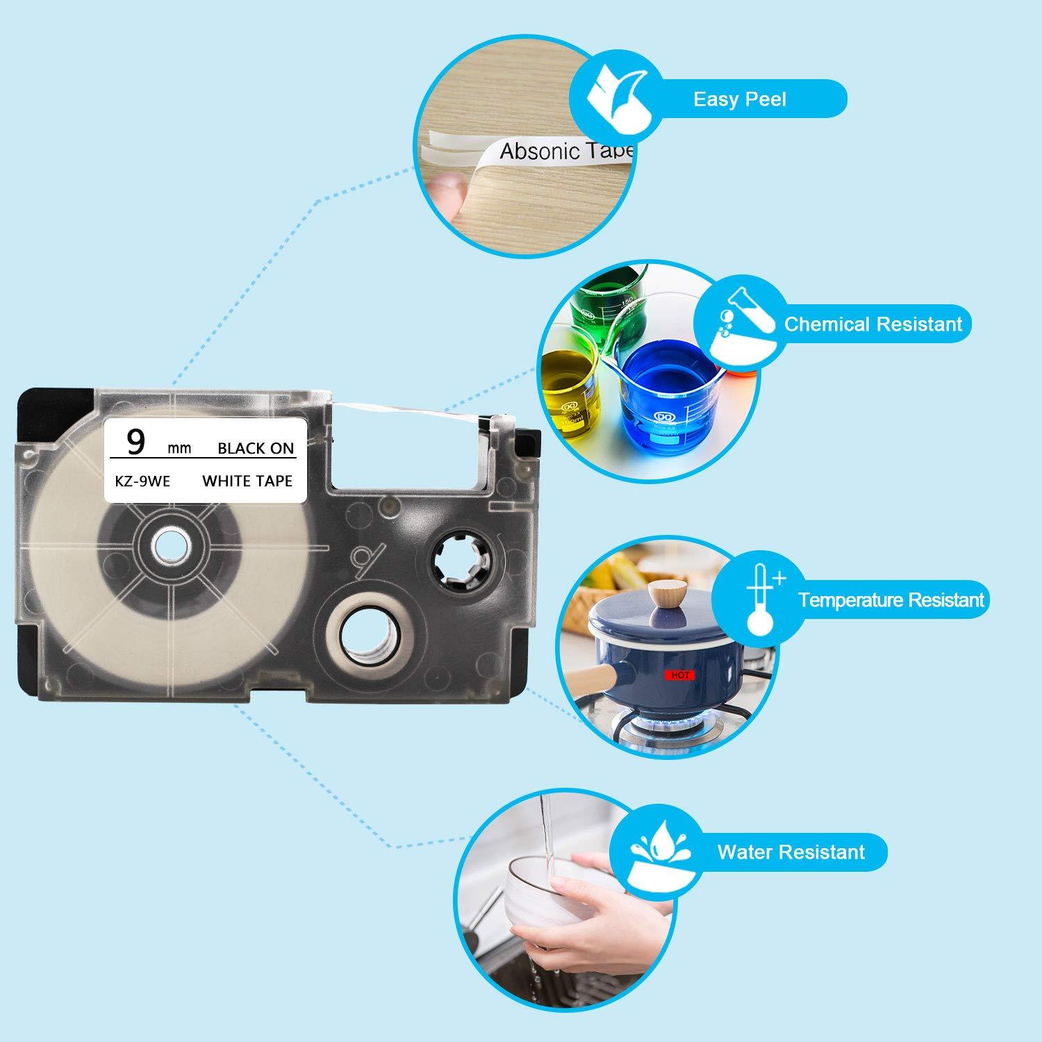 Absonic Compatible Casio XR-9WE XR-9WE2S Label Tape Cassettes for Casio KL120 KL60 KL100 KL750 KL780 KL7000 EZ-Label Makers, (3/8" x 26', 9mm x 8m, Black on White) - 3 Pack