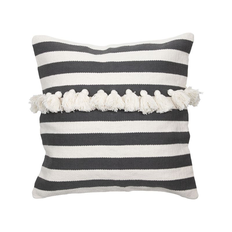 Black and White 20 x 20" Decorative Cotton Throw Pillow Cover with Insert and Hand Tied Fringe - Foreside Home & Garden