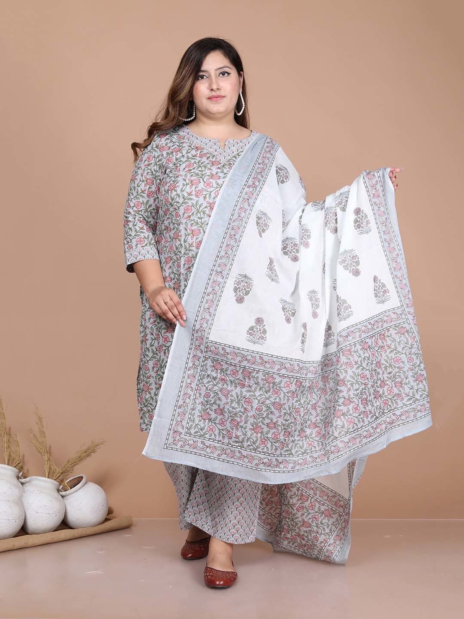 Miravan Blue Floral Print Plus Size Kurta With Palazzo & Dupatta