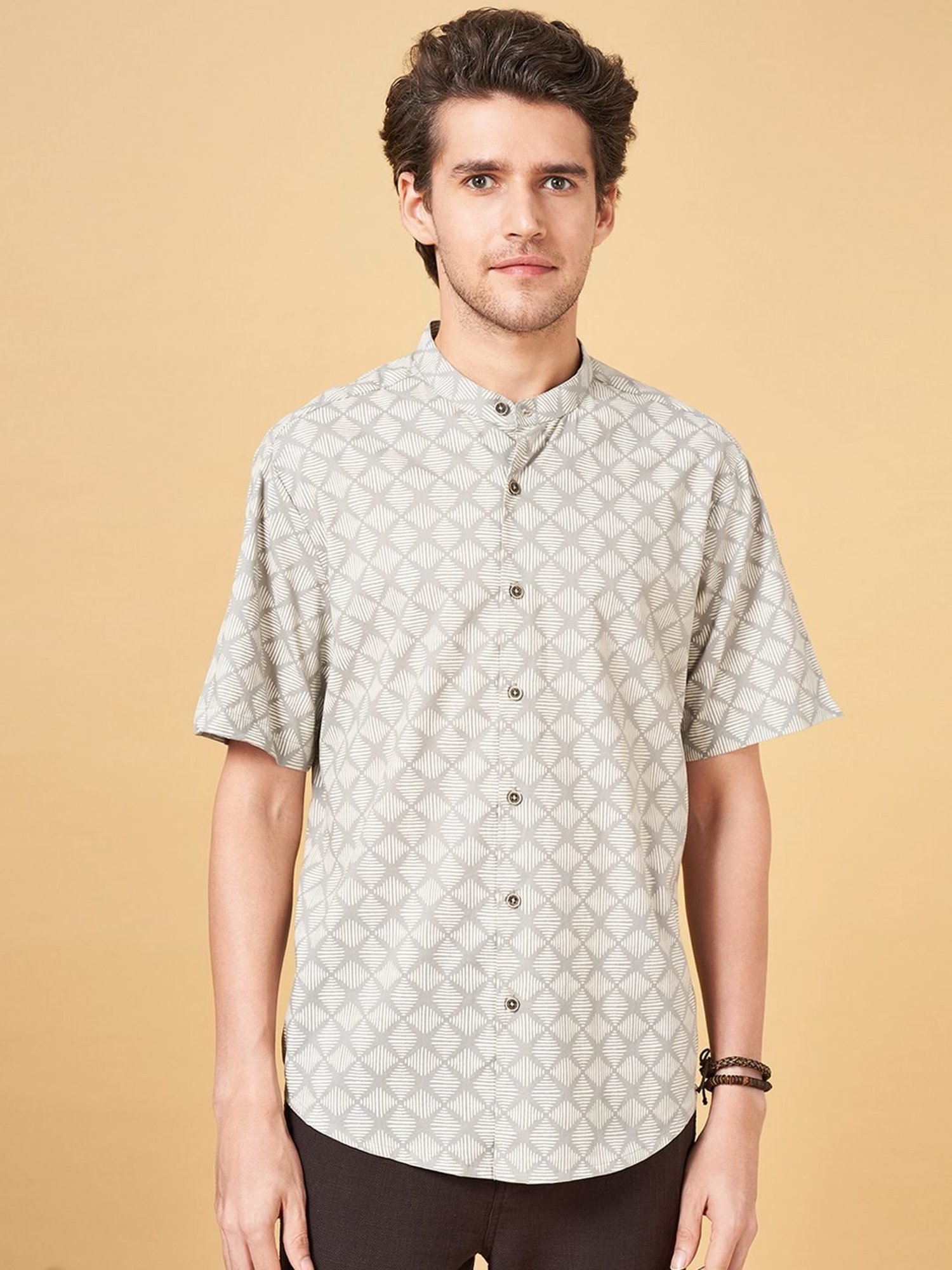 Indus Route by Pantaloons Desert Sage Regular Fit Printed Shirt