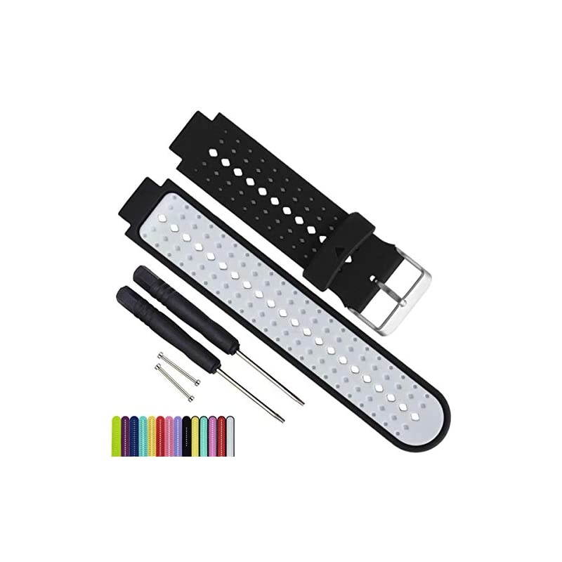 Waterproof Replacement Watch Bands and Straps With 2PCS Pin Removal Tools + 2PCS Lugs Adapters for Garmin Fouerunner 220 230 235 620 630 735 GPS Running Smart Wrist Watch BlackWhite