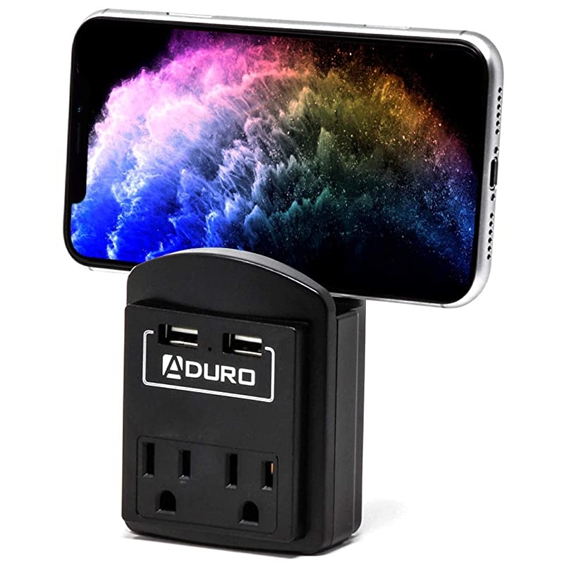 Surge Protector 2 Outlets Power Strip Station with 2 USB Ports Multiple Outlet Splitter Extender Adapter with Phone Shelf Stand ETL Listed Black