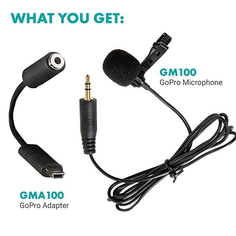 GM100 Clipon Lavalier Microphone for Compatible with GoPro HERO3 HERO3+ and HERO4 Black White and Silver Editions Includes Mic Adapter for Go Pro