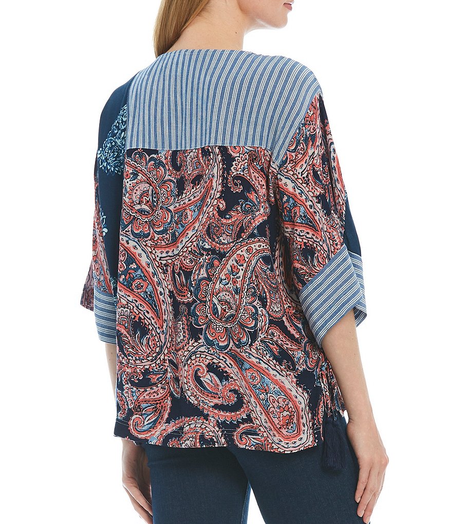 Tru Luxe Jeans Round Neck 3/4 Sleeve Mixed Print Side Tie Top