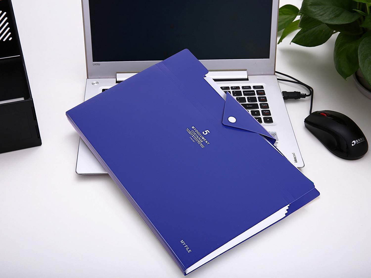 Skydue PP Expanding File Folder Accordion Documents Letters Organizer, 5 Pockets, A4 Size (Navy Blue)