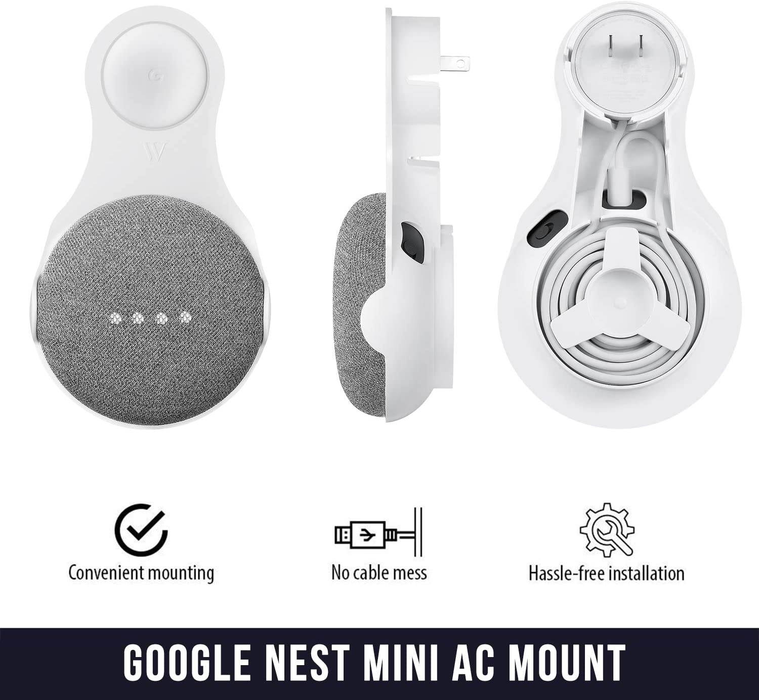 Wasserstein AC Outlet Mount for Google Nest Mini and Google Home Mini - Flexible Mounting for Your Speaker (1 Pack, White)