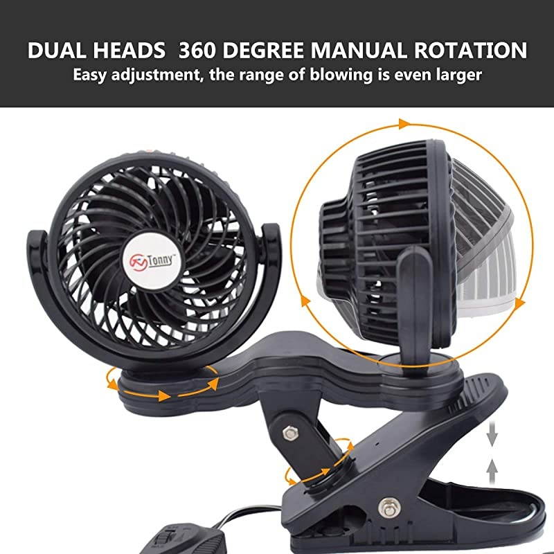 Dual Head Clip Fan 4 Inches Electric Car Clip Fans 360 Rotatable12V Cooling Air Fan with Stepless Speed Regulation for Vehicle or Home