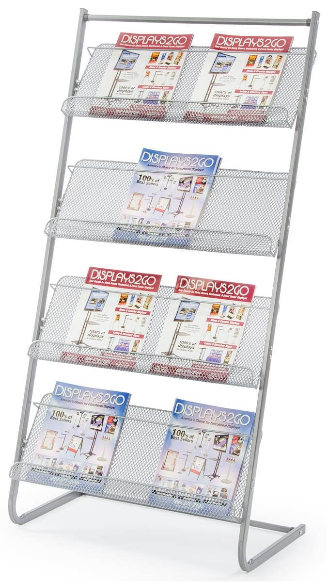 Magazine Rack for Offices, Stores or Retail, (4) Mesh Shelves, 23.5" x 9" Trays, 50"H (Silver Steel) (MSMG4TGR)
